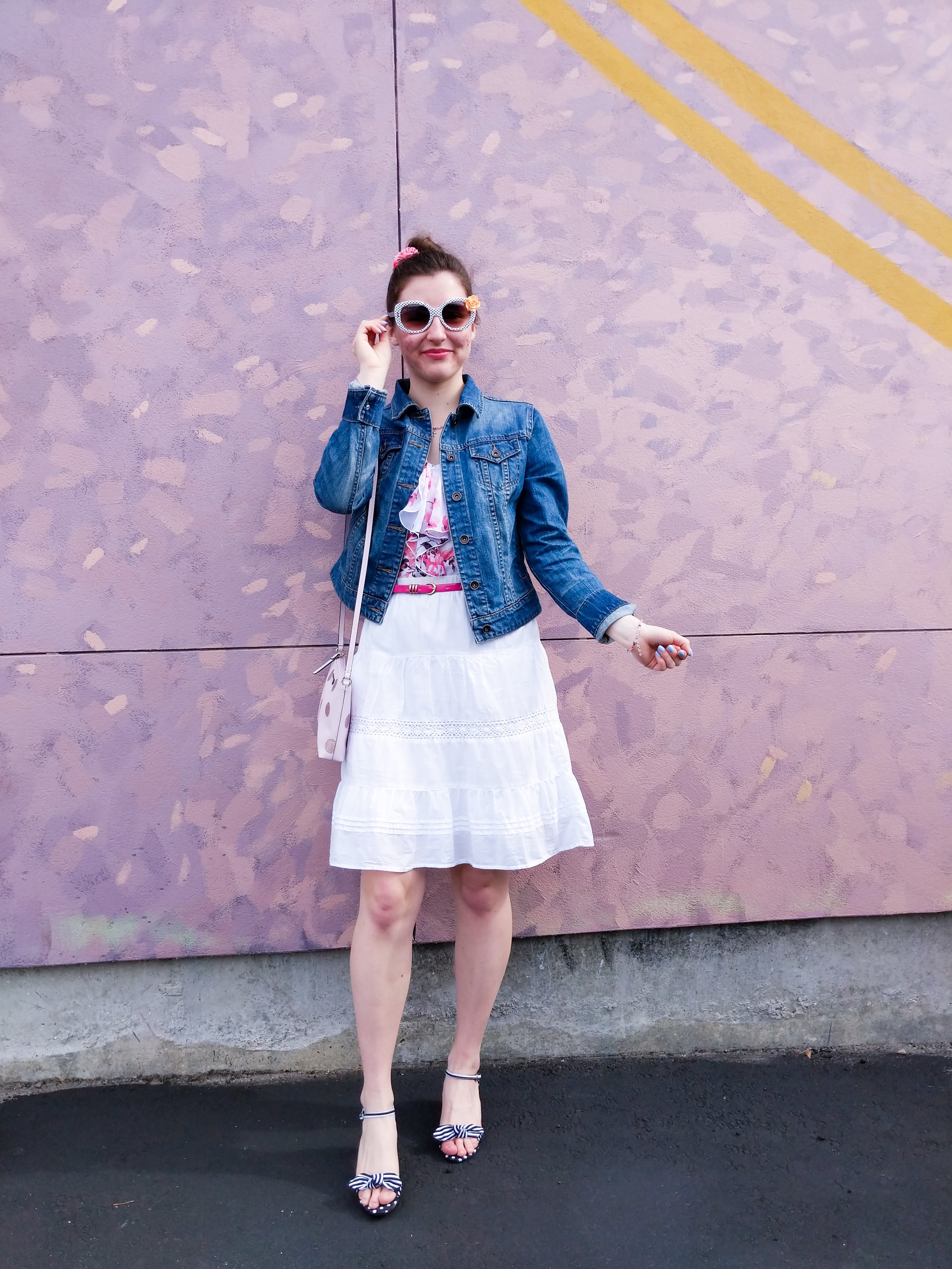 jean jacket, floral blouse, white skirt, striped bow shoes