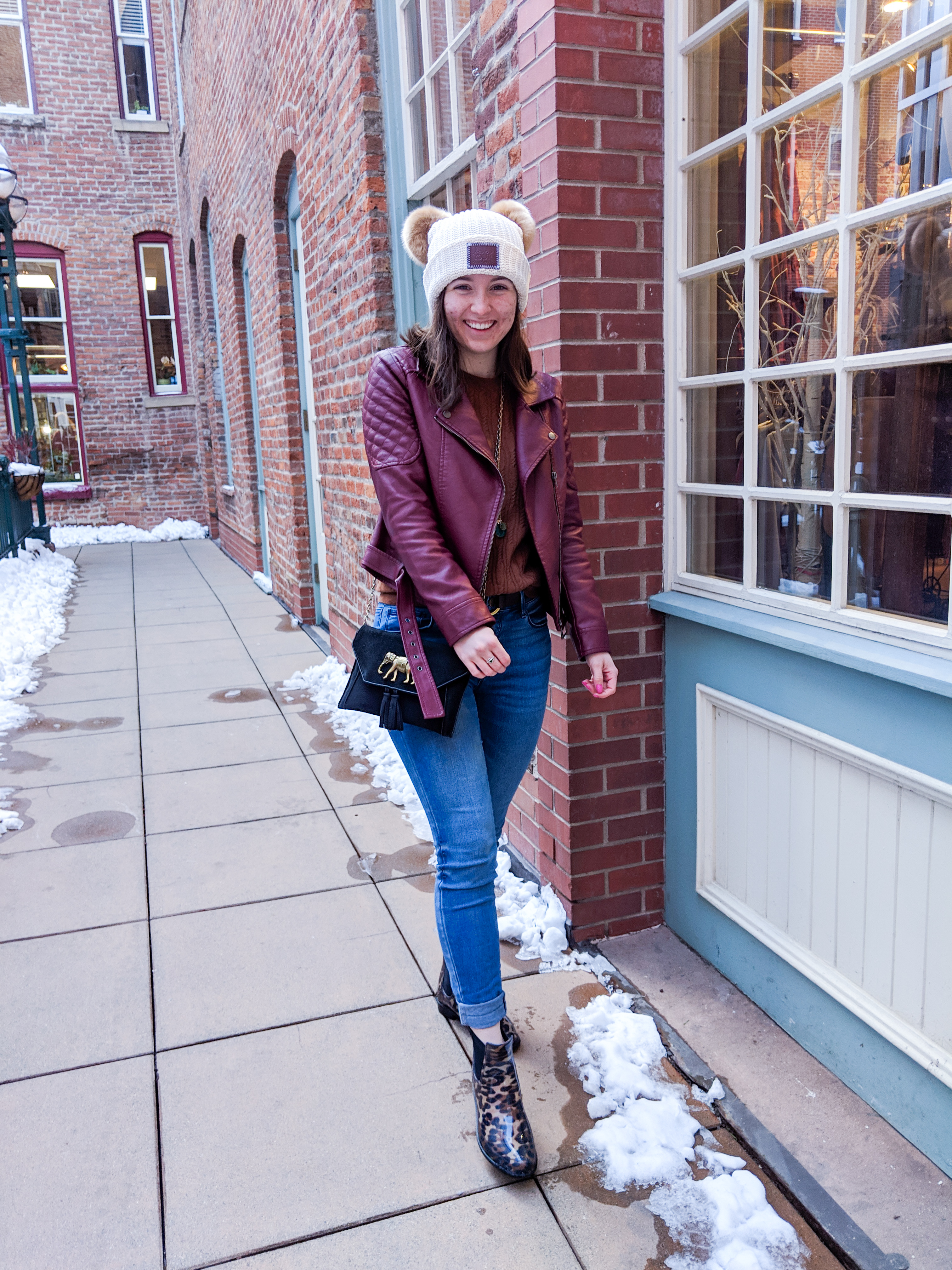 burgundy pleather jacket, Francesca's jeans, leopard rain booties