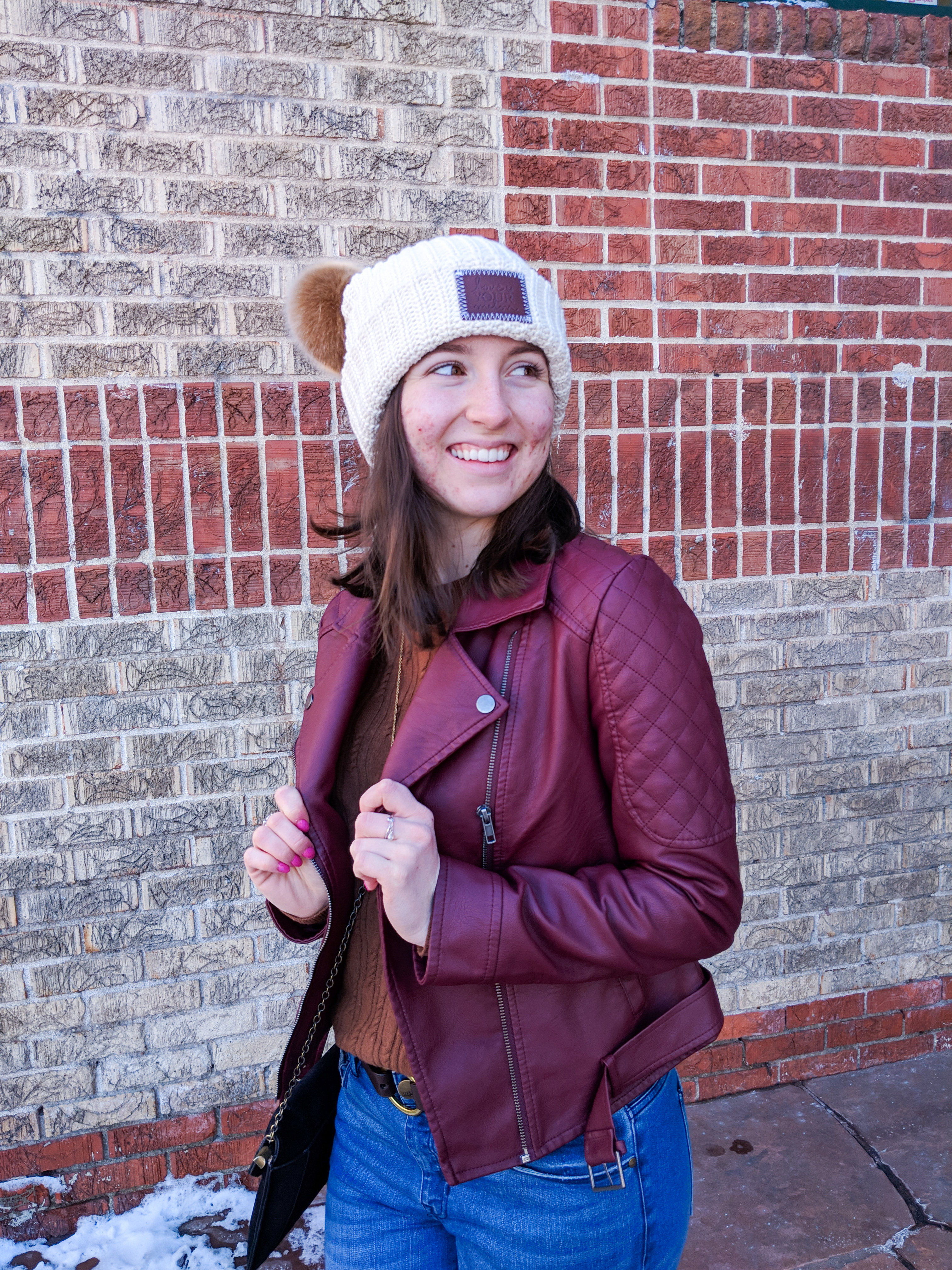 Love Your Melon double-pom beanie, burgundy jacket