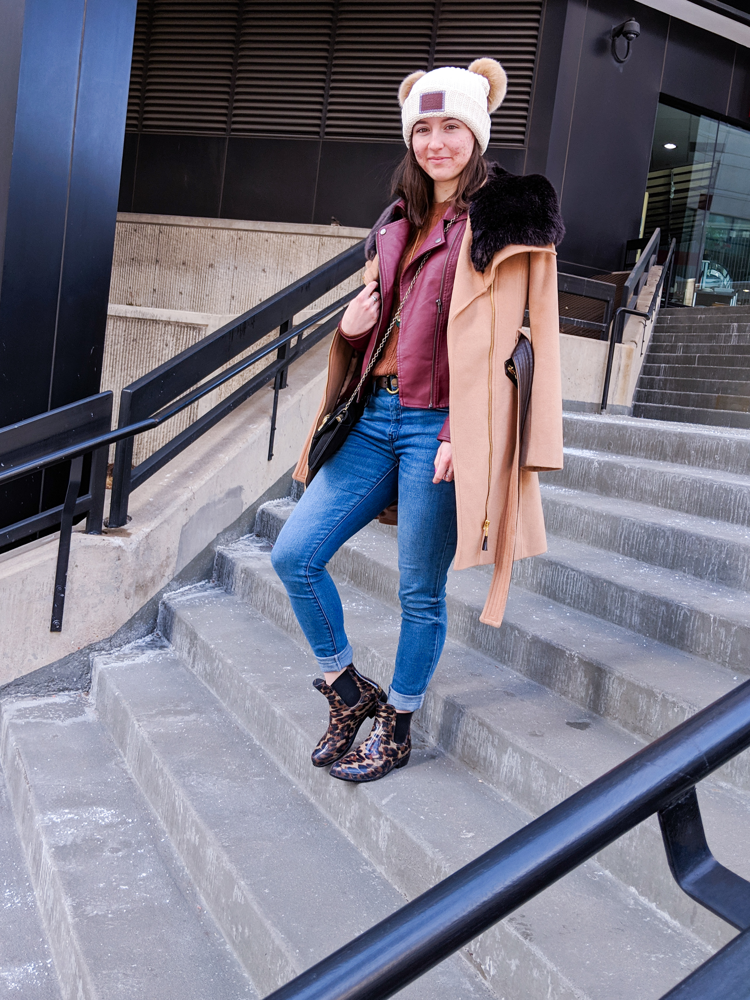 double coats, layered coats, leopard rain booties