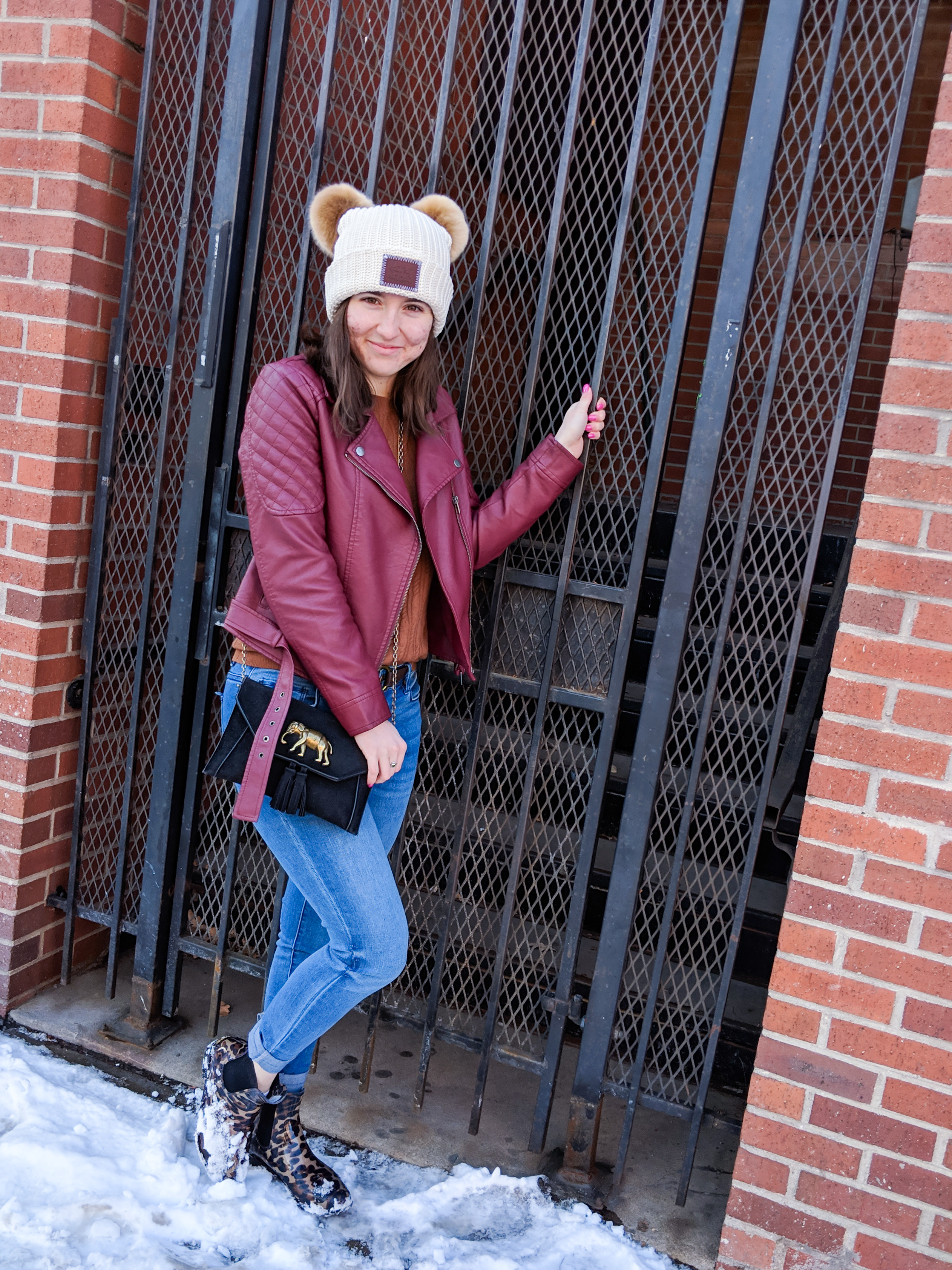 winter outfit, black crossbody, jeans, burgundy pleather jacket, BB Dakota jacket