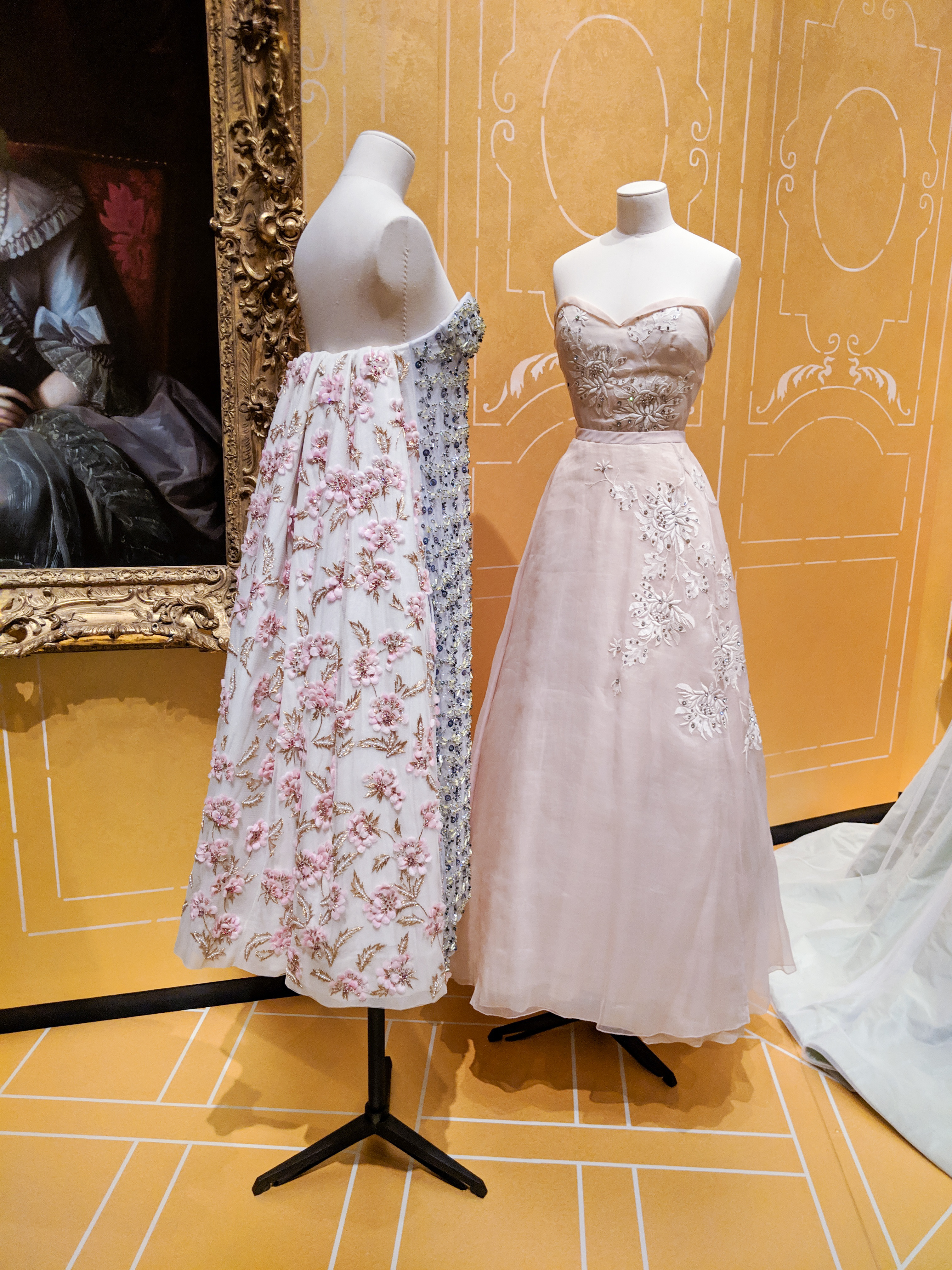 light pink Dior gown and beaded Dior gown