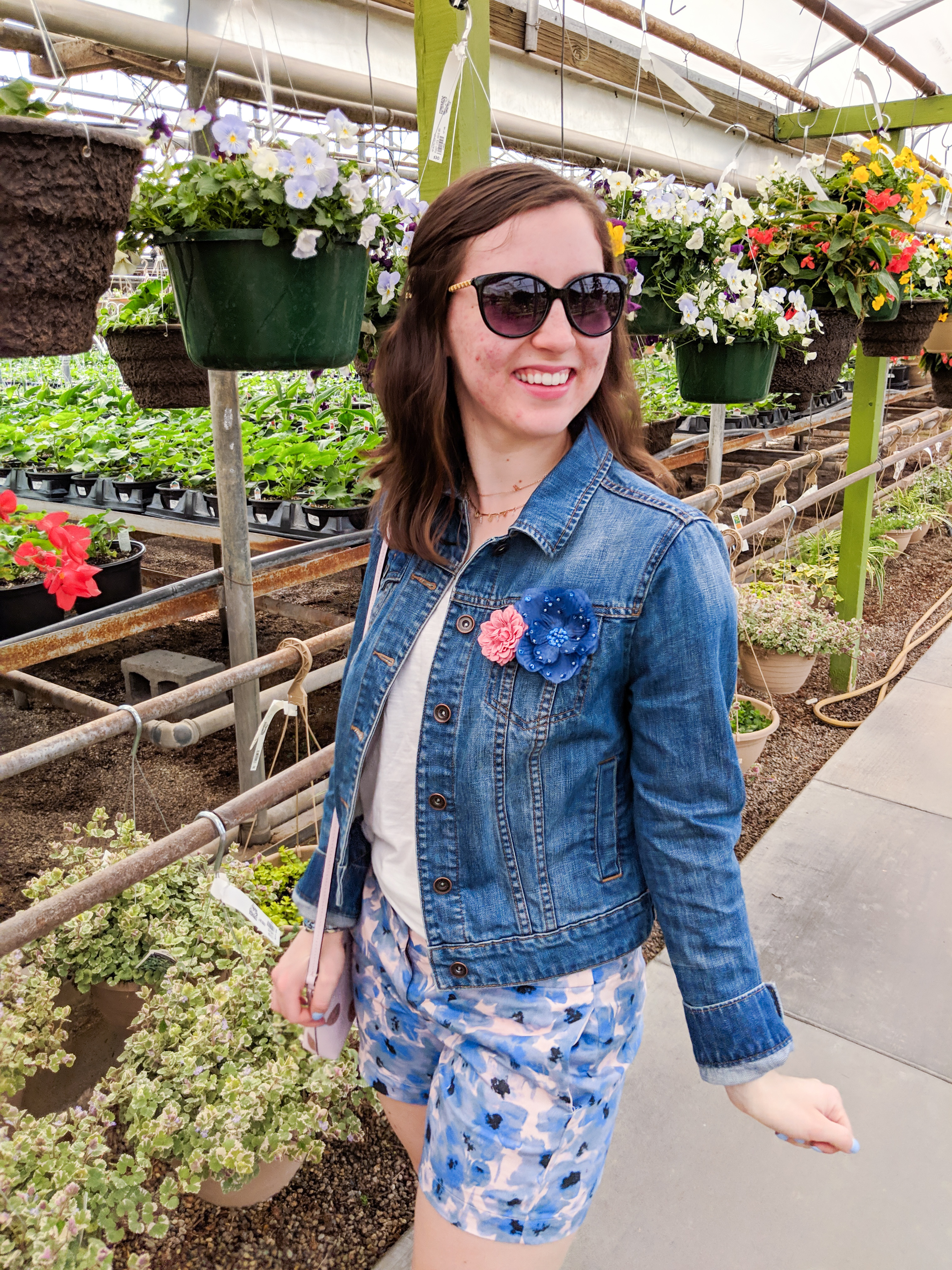 floral pins, brooches, trendy, denim jacket, floral shorts, spring outfit