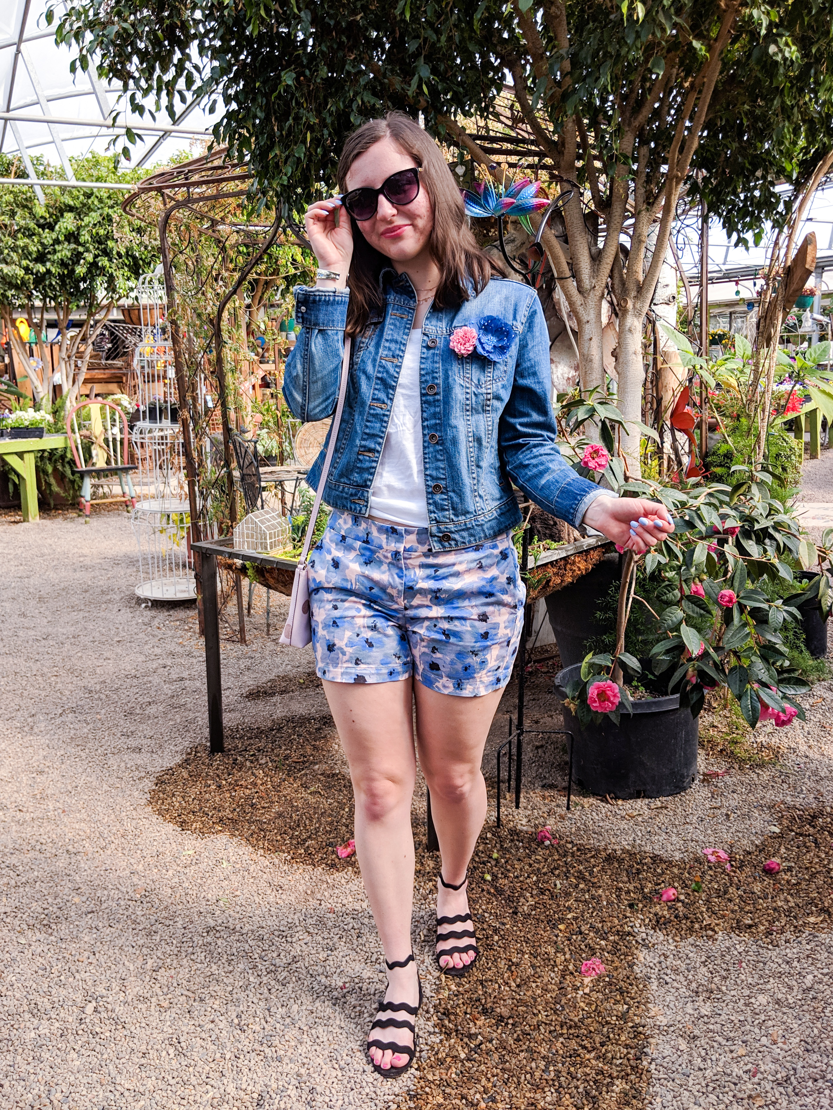 jean jacket, spring look, floral shorts, black wavy sandals from Macy's