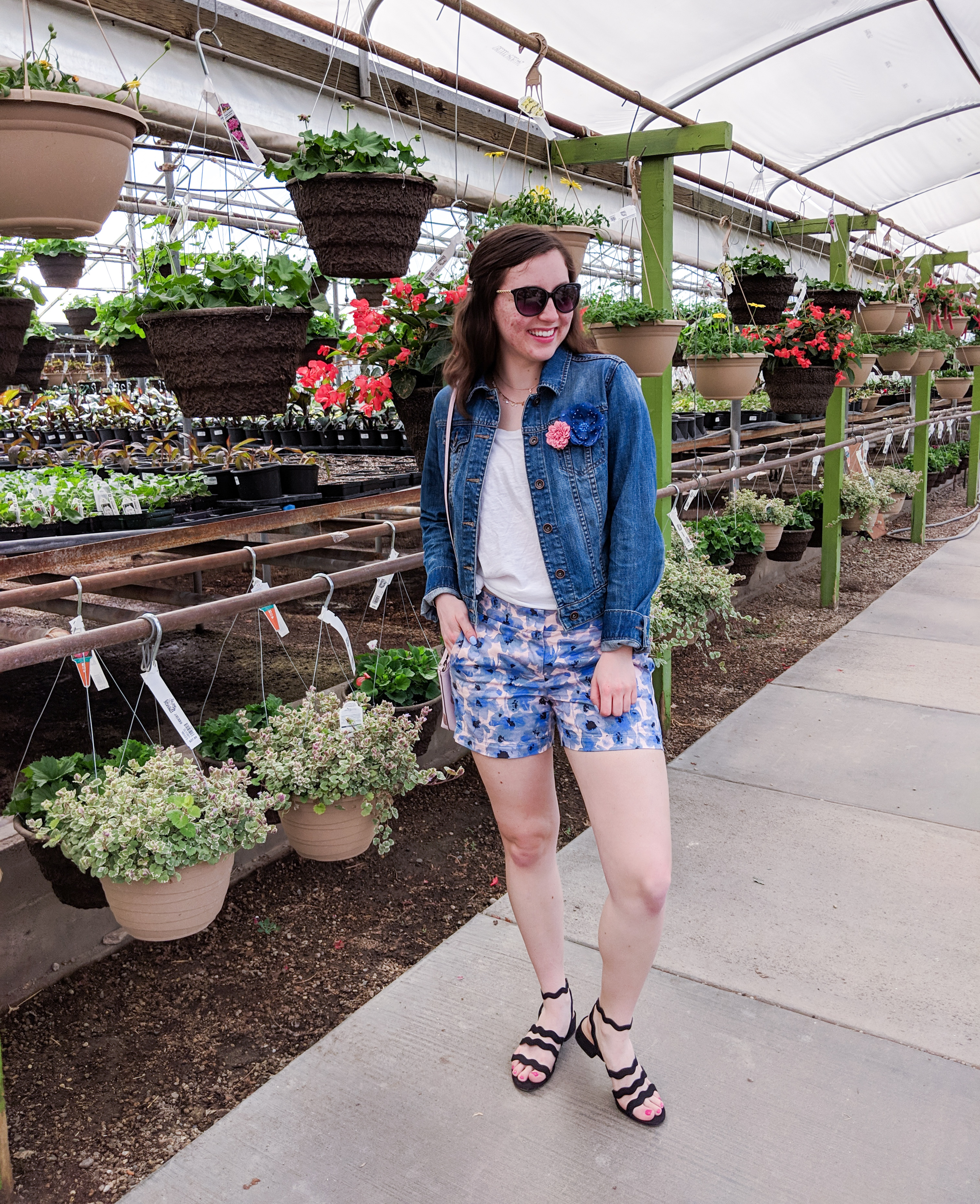 spring outfit, white tee, denim jacket, Loft shorts, greenhouse photos, spring fashion