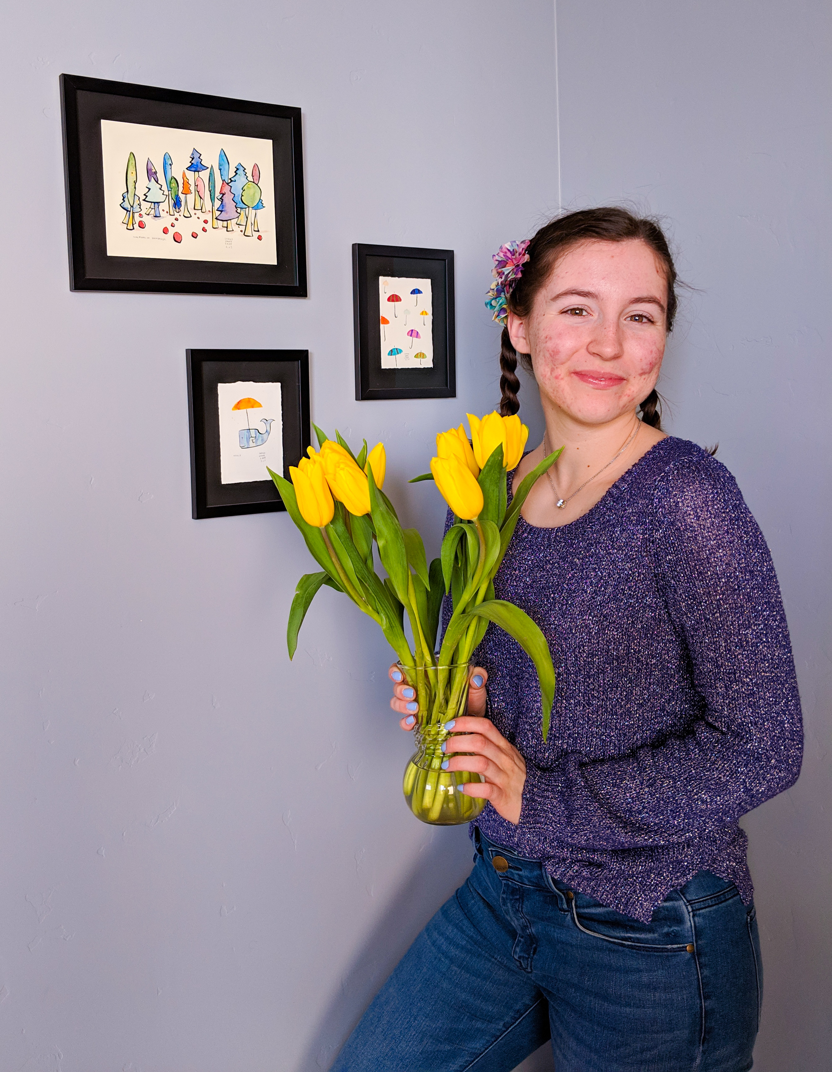 purple sweater, spring pastels, yellow tulips, blue fingernails