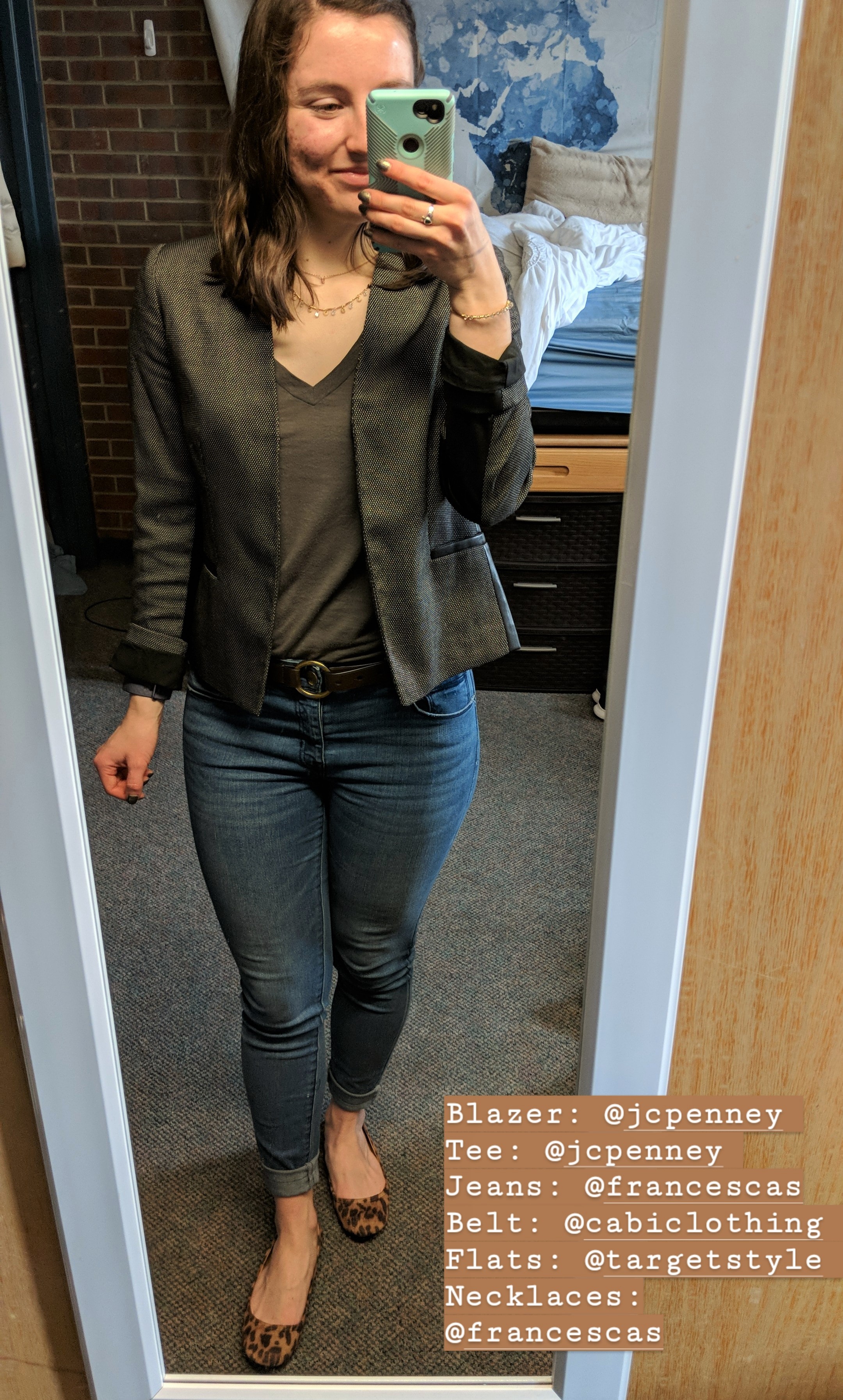 grey tee, blazer, jeans, leopard flats