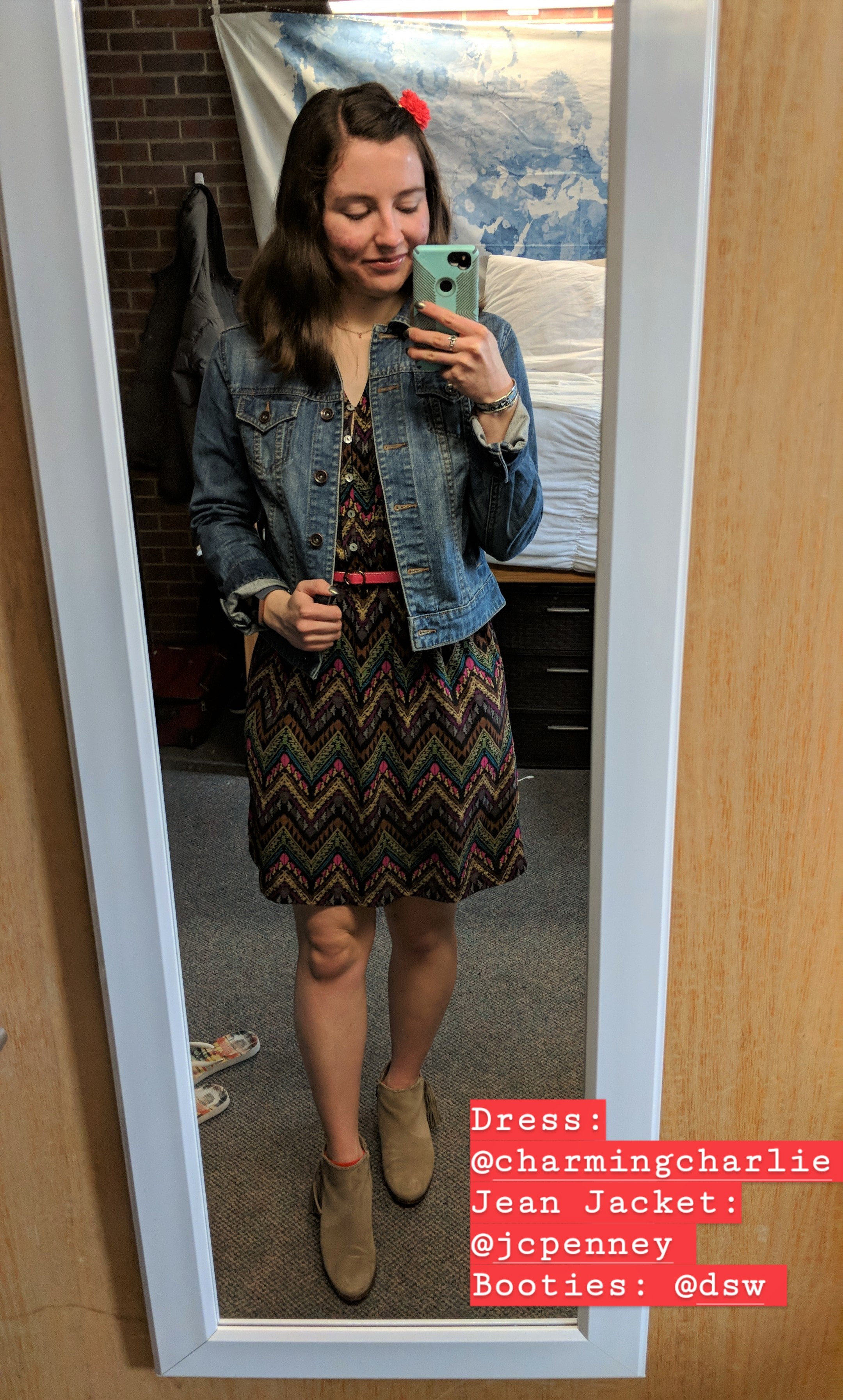 brown patterned dress, denim jacket, beige booties