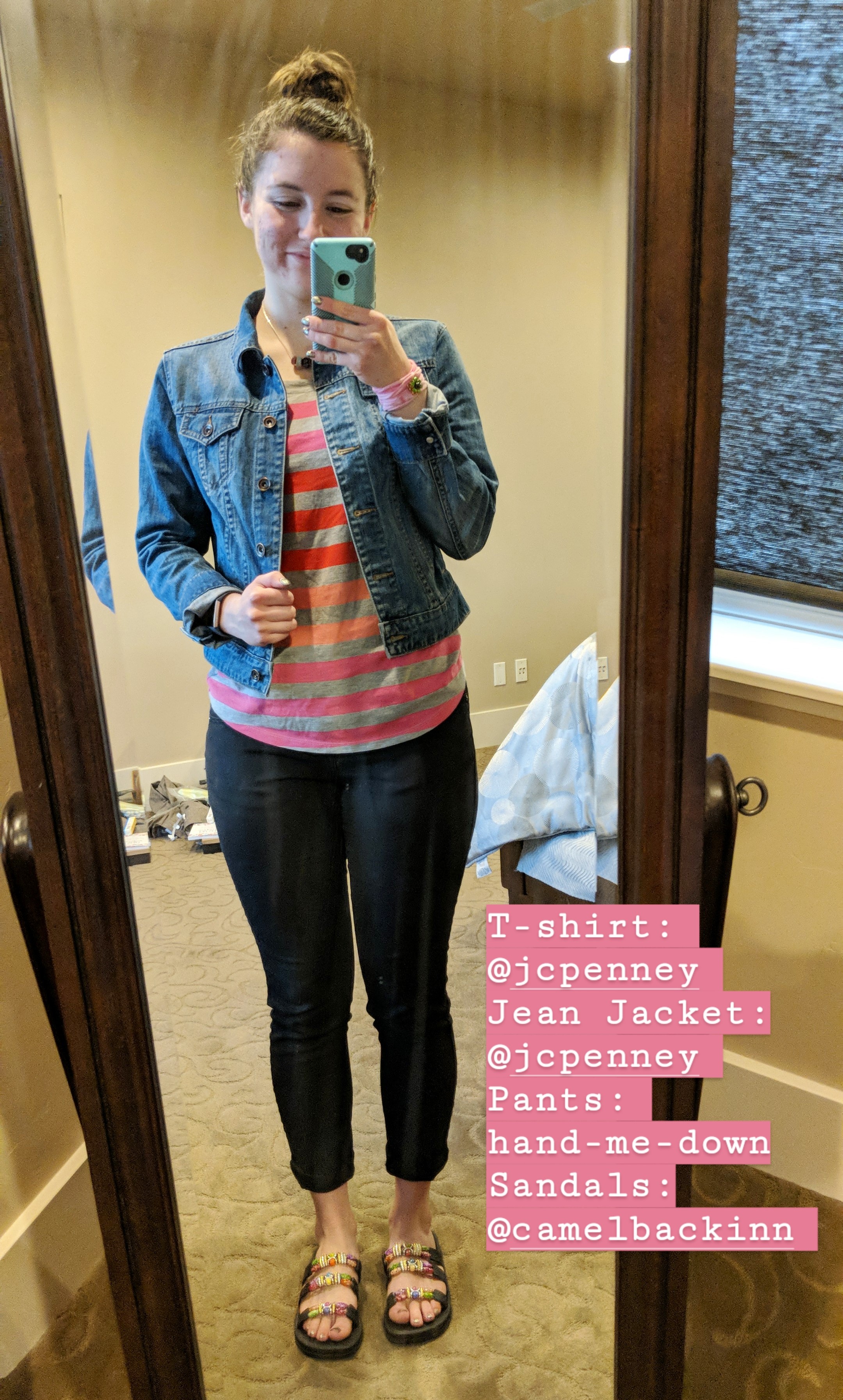 striped tee, jean jacket, black skinny jeans