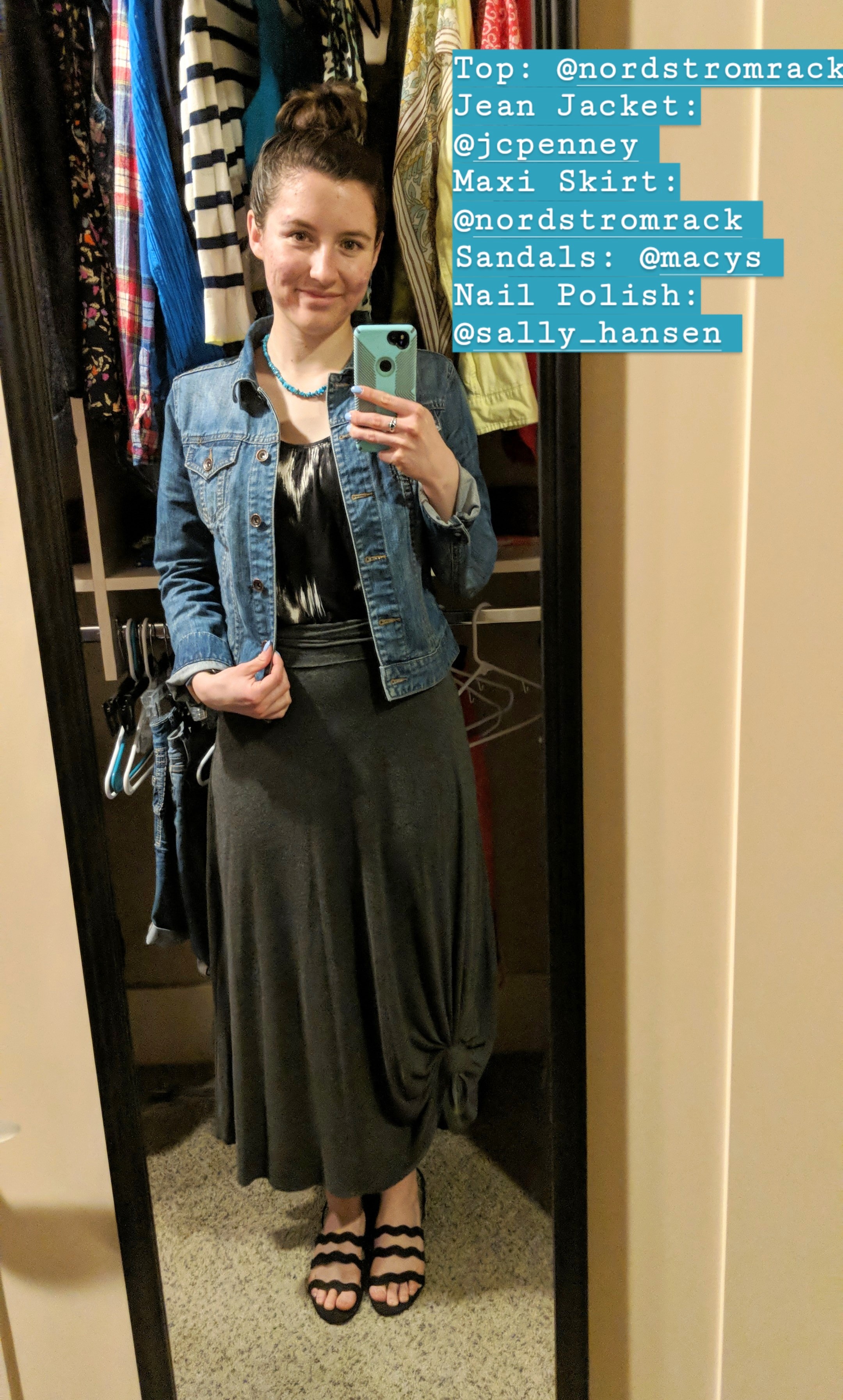 black patterned top, jean jacket, grey maxi skirt, black sandals