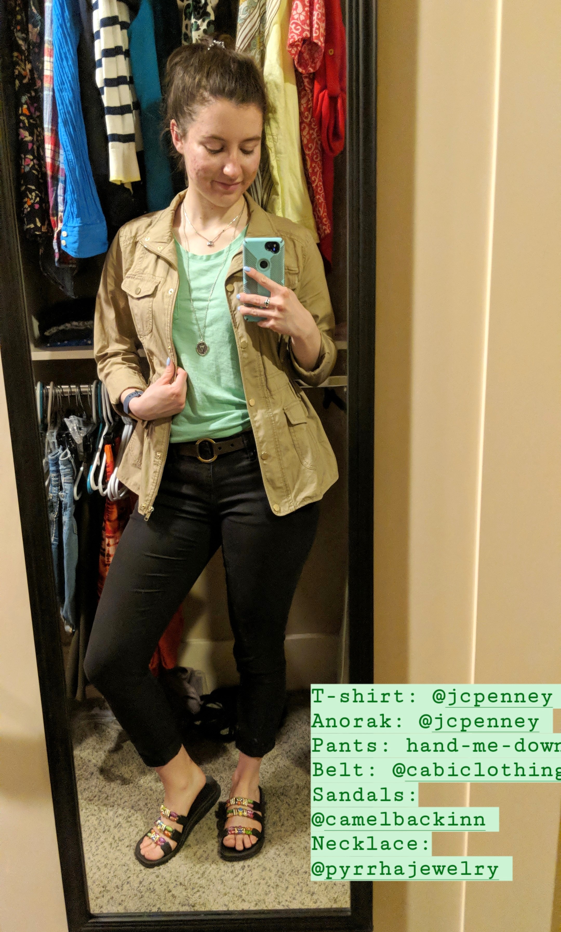 layered jewlery, seafoam green tee, tan anorak, black skinnies