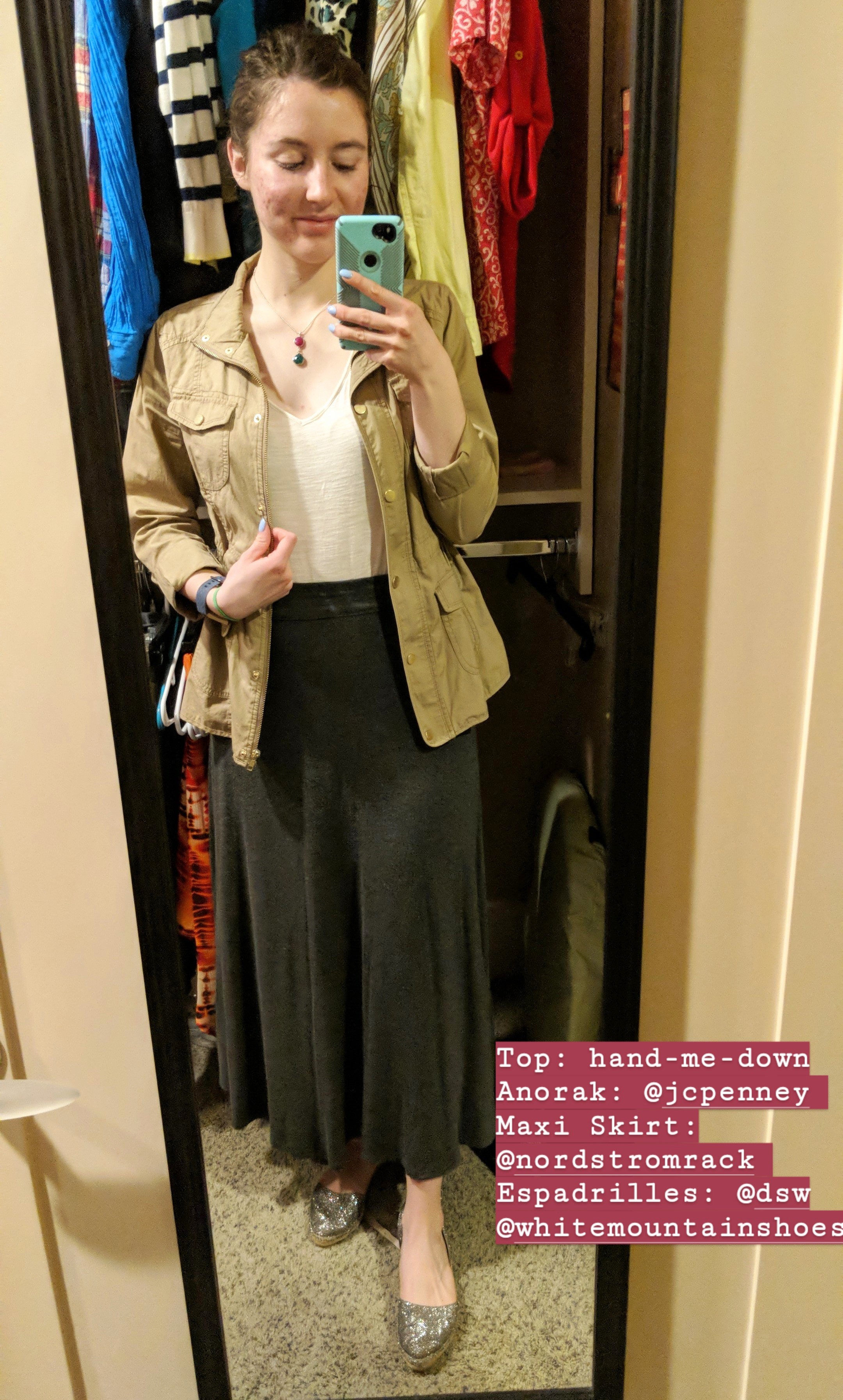 crochet top, tan anorak, grey maxi skirt, sparkly espadrilles