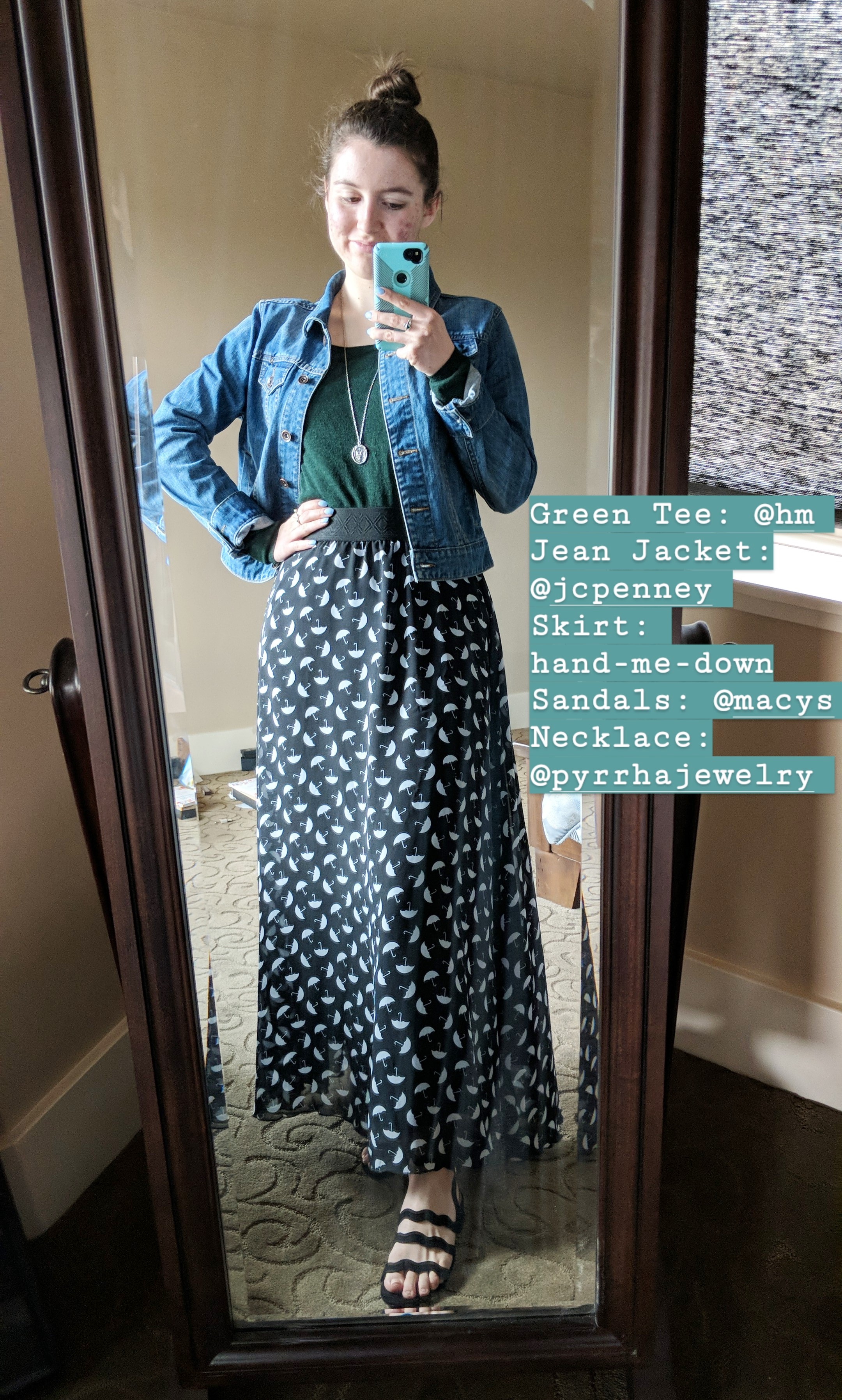 green tee, jean jacket, umbrella maxi skirt, black sandals