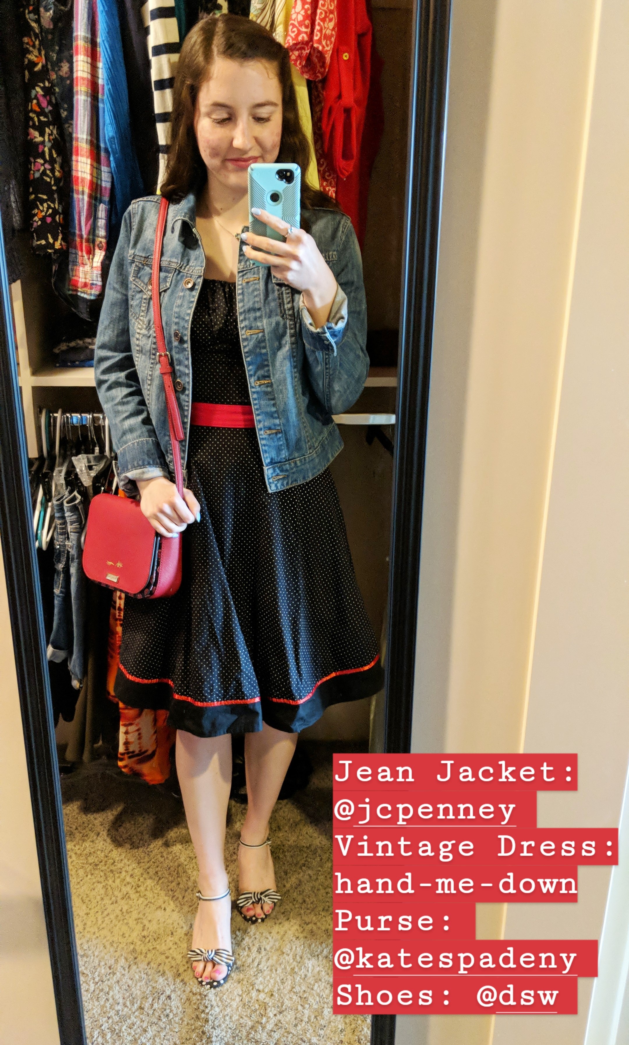 polka dot vintage dress, jean jacket, striped heels, red purse