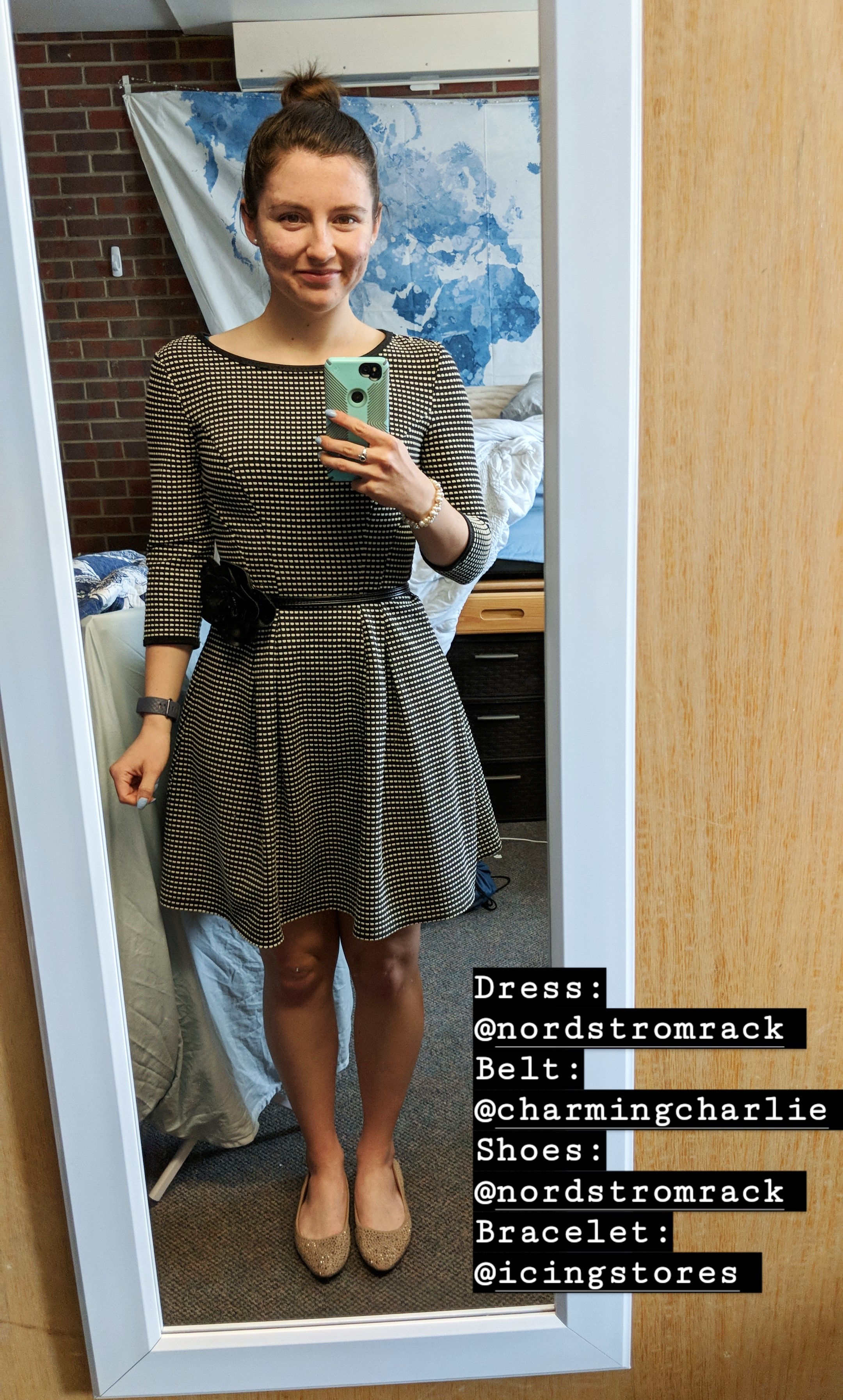 old fashioned patterned dress, beige sparkly flats