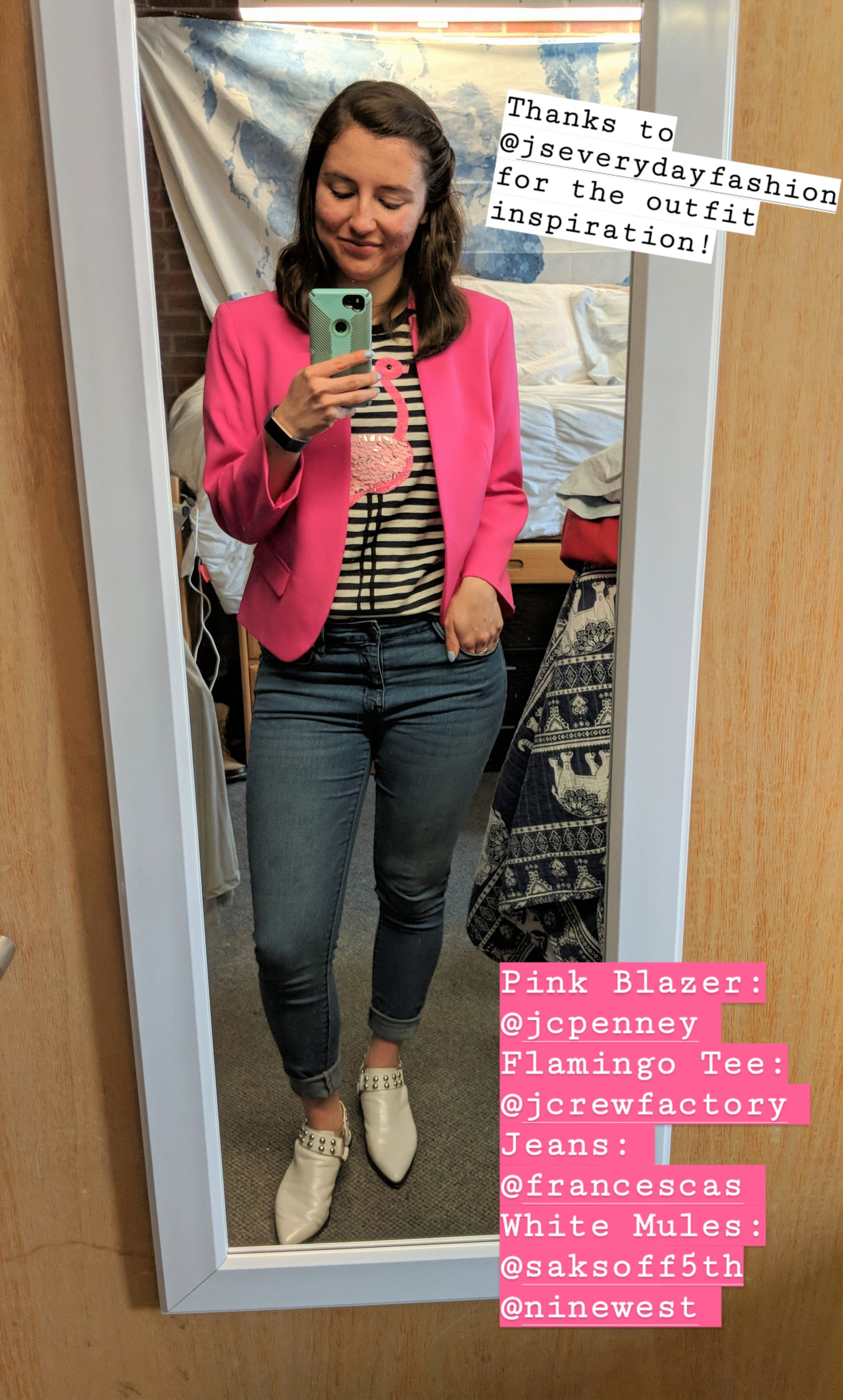striped flamingo tee, pink blazer, skinny jeans, white mules