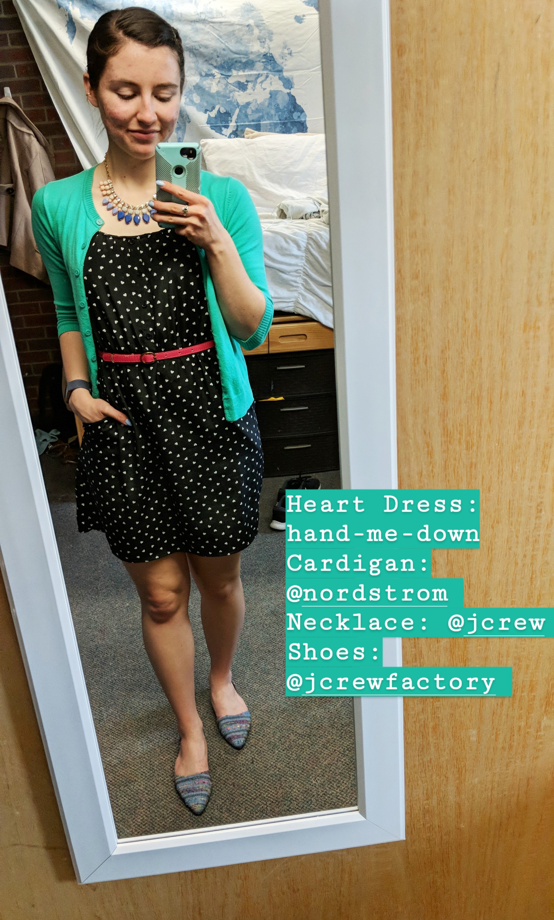 heart patterned dress, green cardigan, patterned d'orsay flats