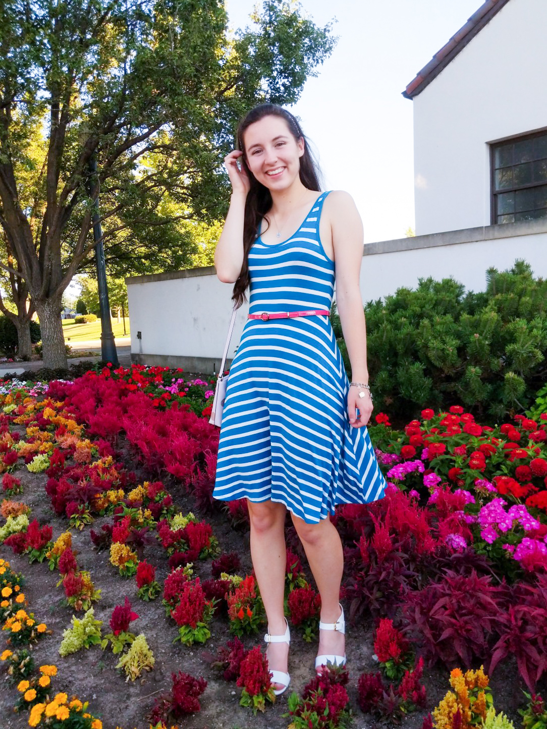 teal striped dress, Old Navy, pink belt, white shoes