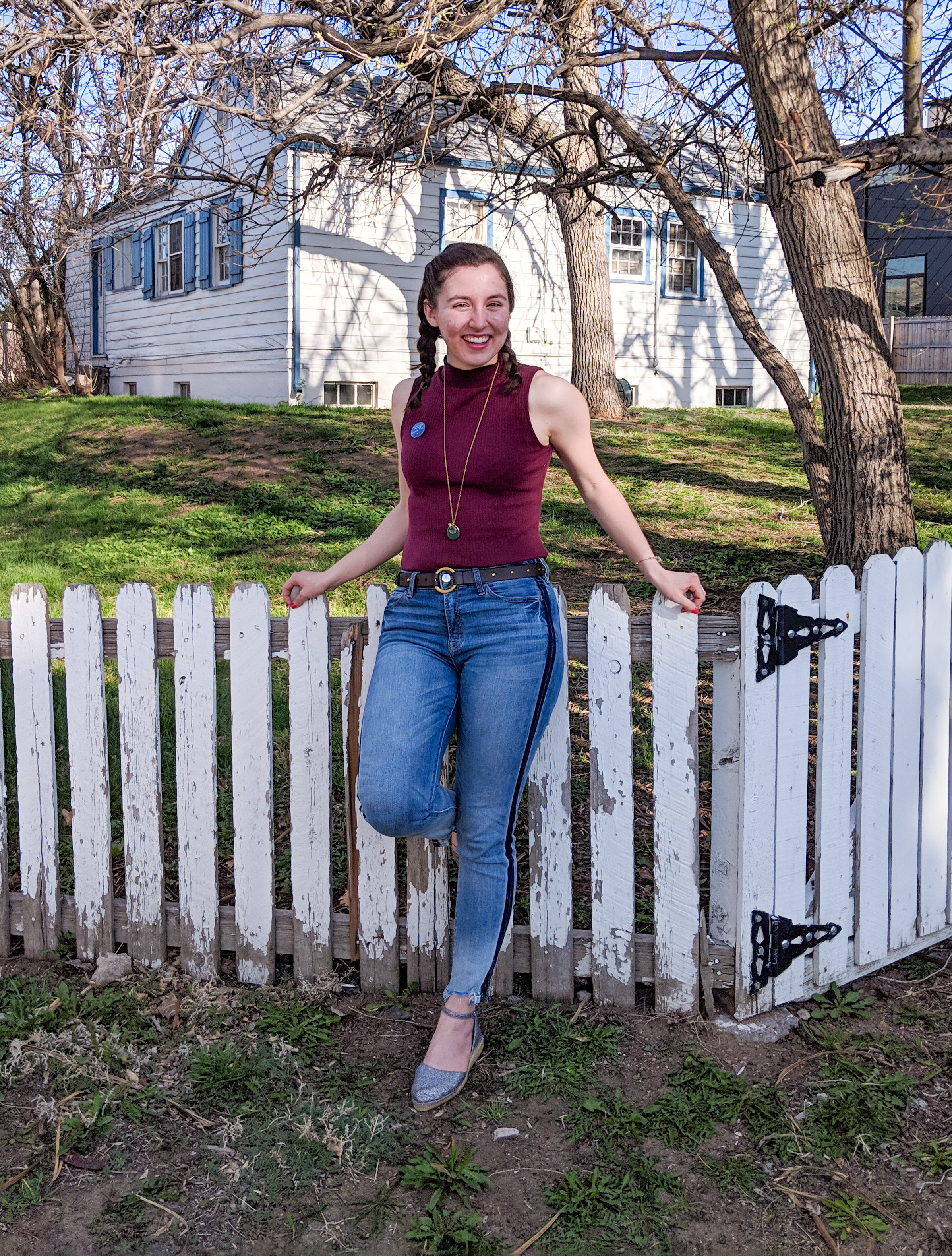 tuxedo stripe jeans, maroon mock-neck top