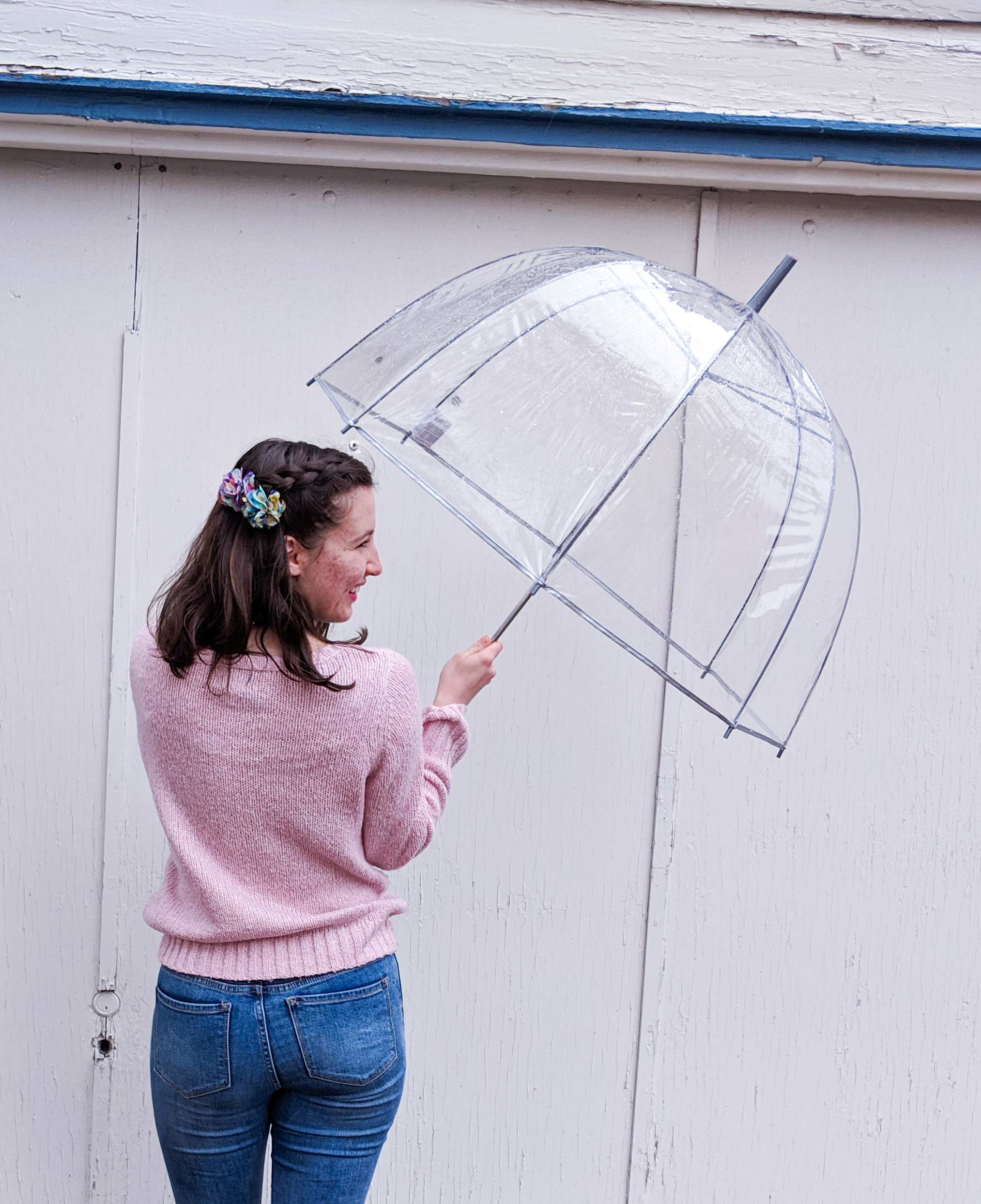 spring rain showers, pink sweater, floral hair clips