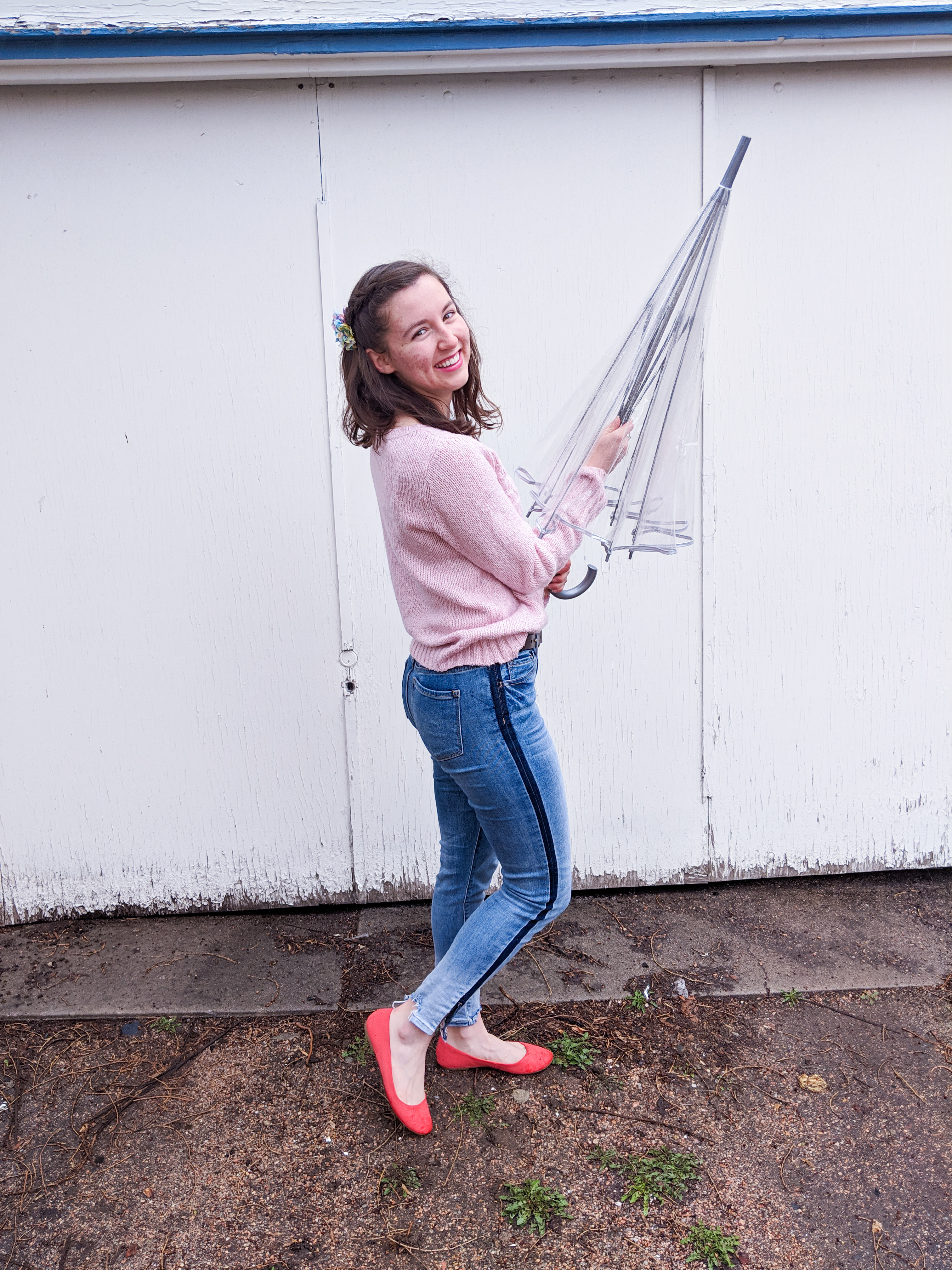 rainy day outfit, orange shoes, tuxedo stripe pants