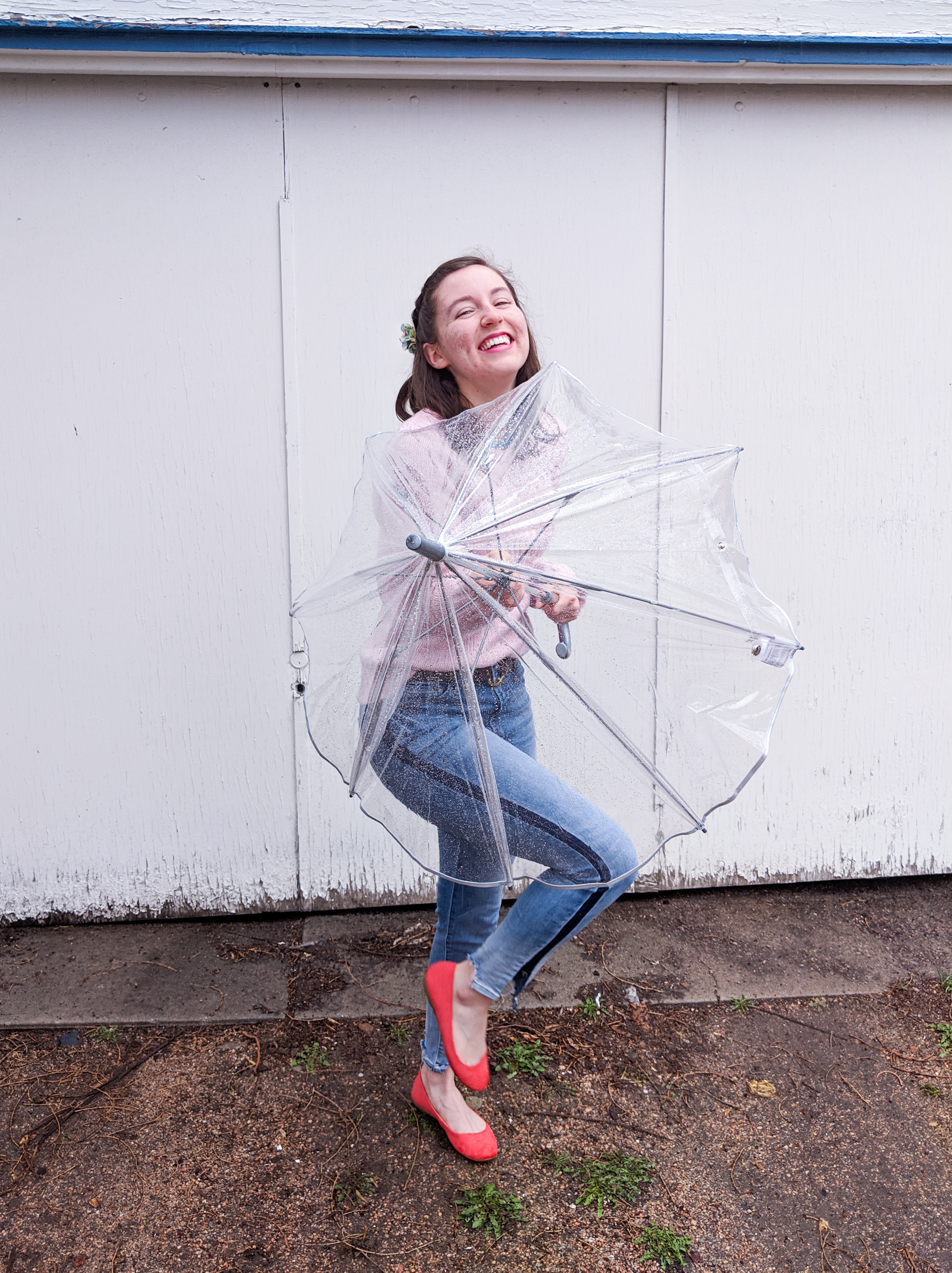 clear umbrella, dancing in the rain, orange flats