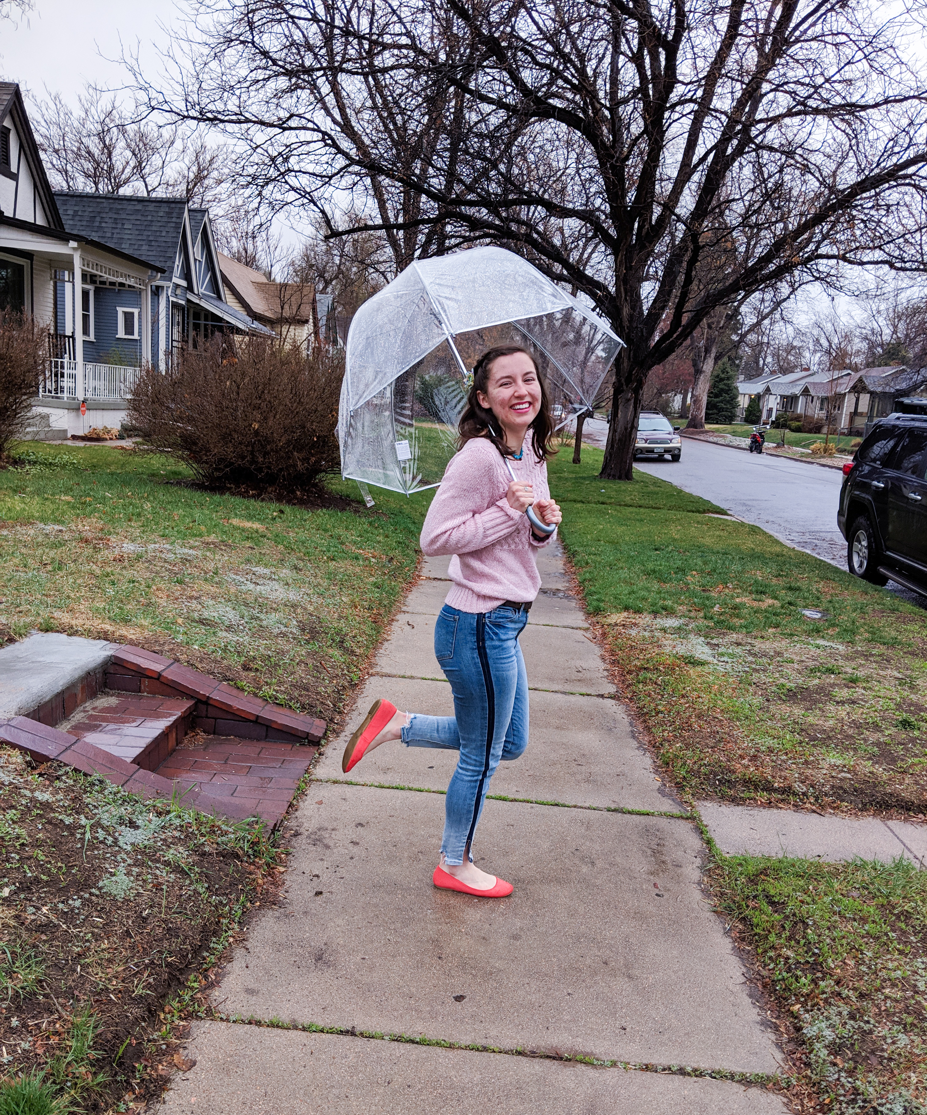 dancing in the rain, spring time, orange shoes, pop of color