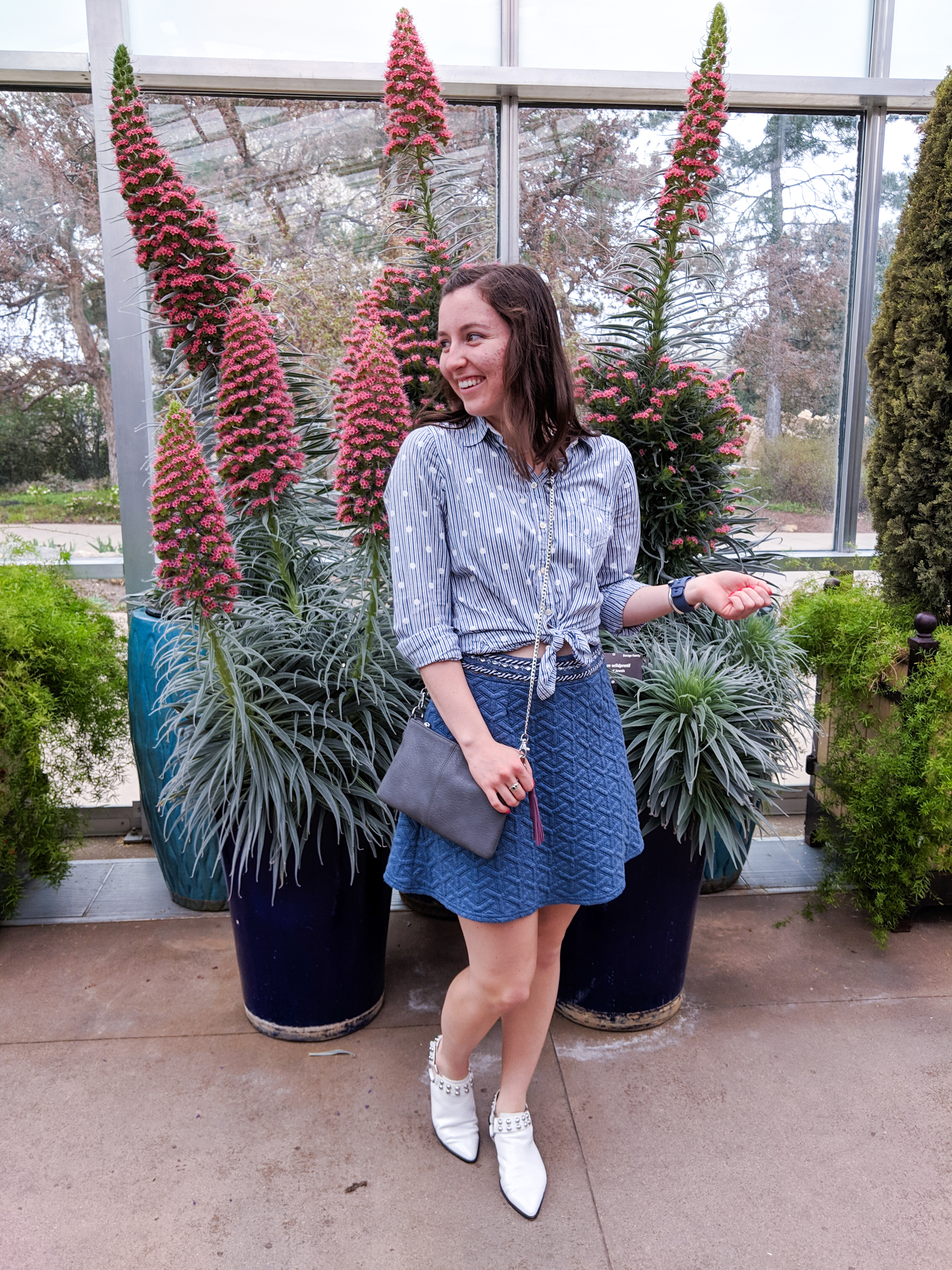 pastel blue, pattern mixing, white shoes, botanic gardens