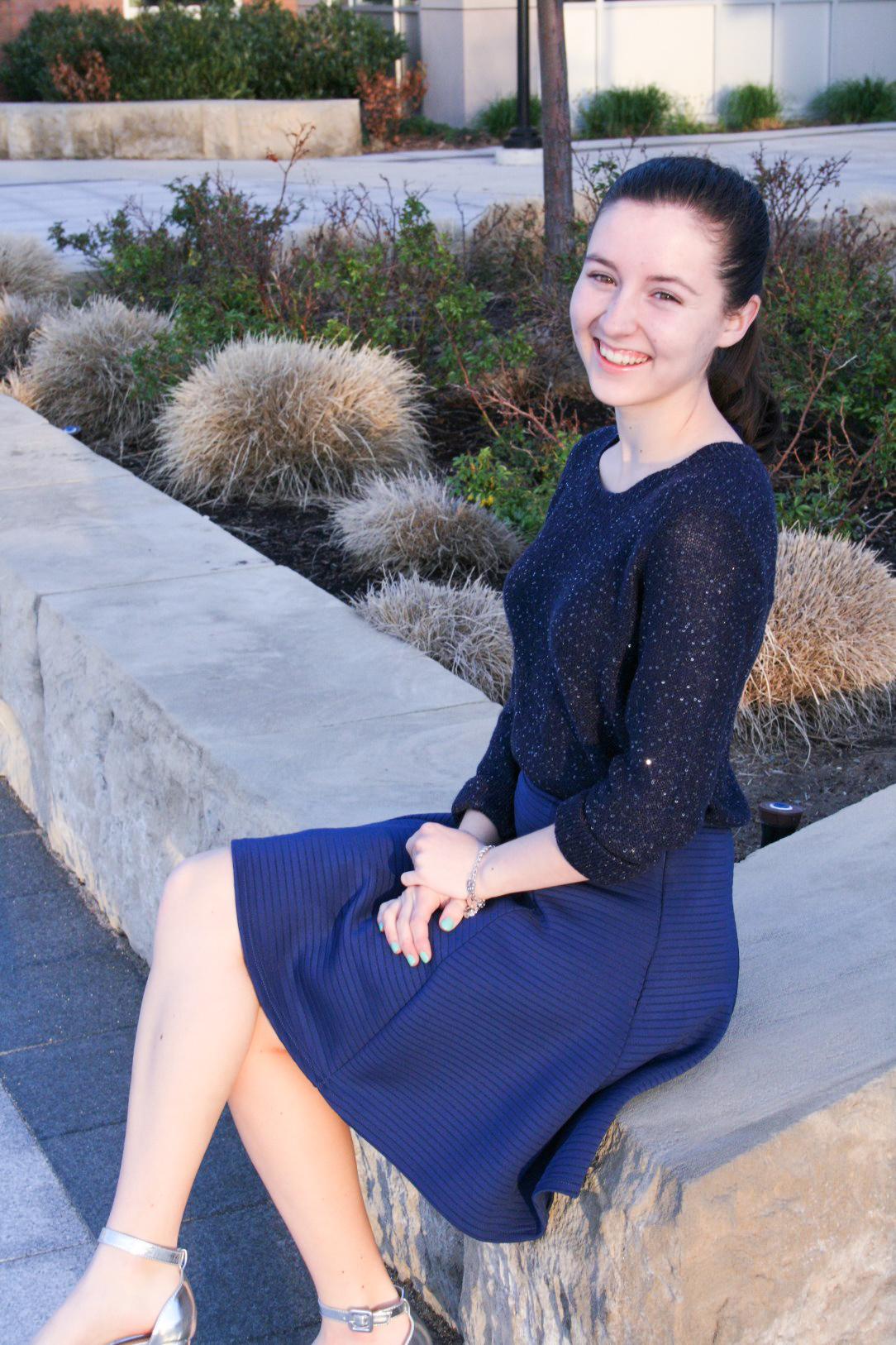 sparkly navy sweater, navy skirt, silver block heels, Easter outfit