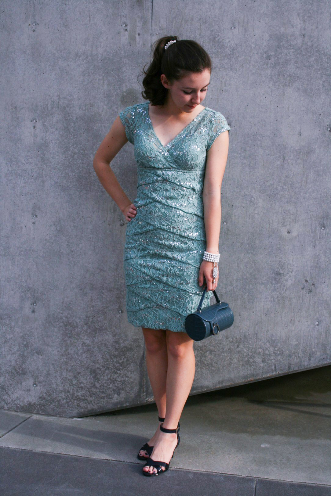 sparkly mint dress, navy heels, Easter outfit, spring dress