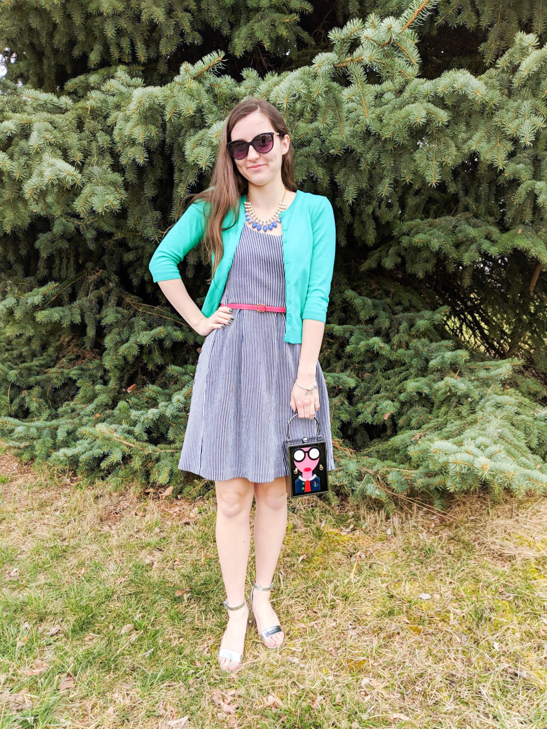 colorful Easter outfit, pinstripe dress, green cardigan, pink belt