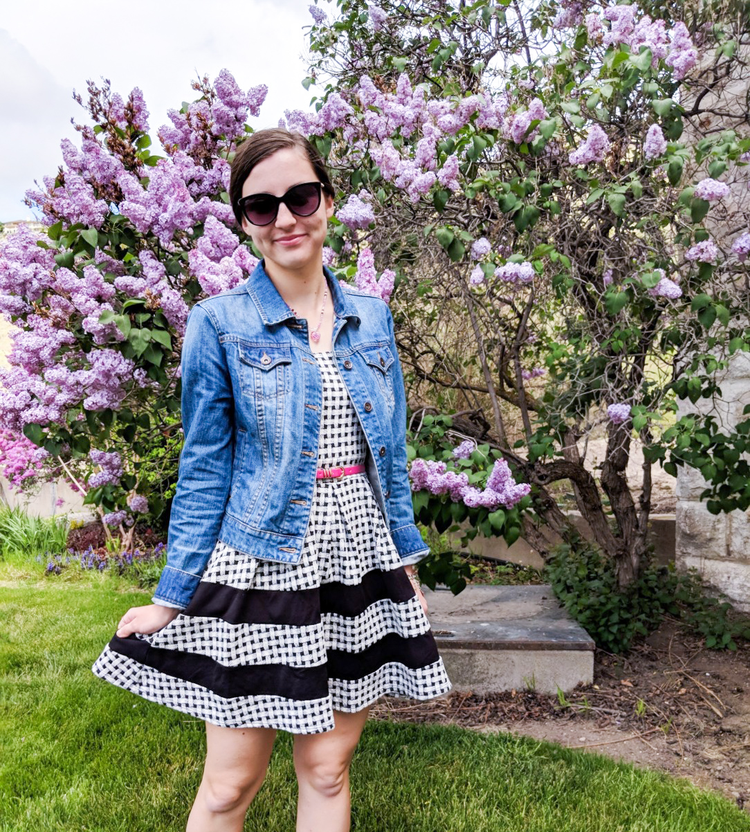 denim jacket, gingham dress, pink belt, purple flowers