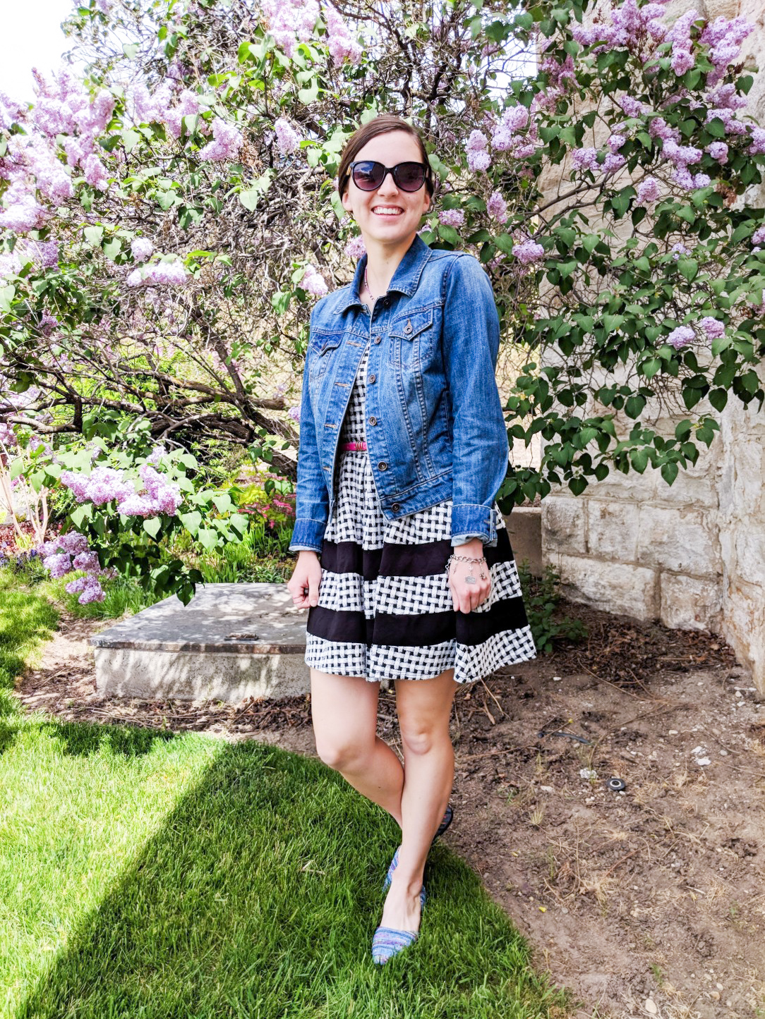 gingham dress, jean jacket, denim flats, spring outfit, Easter dress