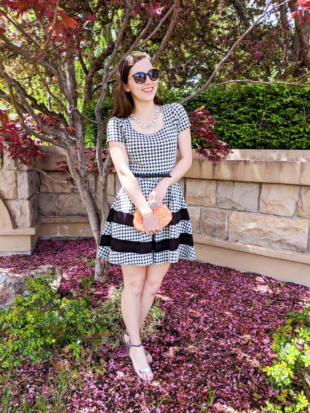 spring dress, Easter dress, striped dress, orange clutch, silver heels