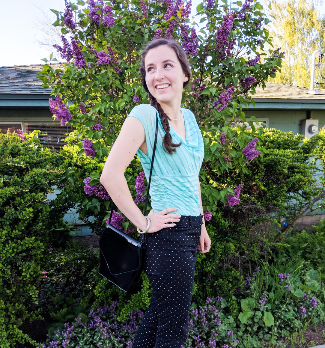 teal striped blouse, polka dot pants, braided hair, spring outfit