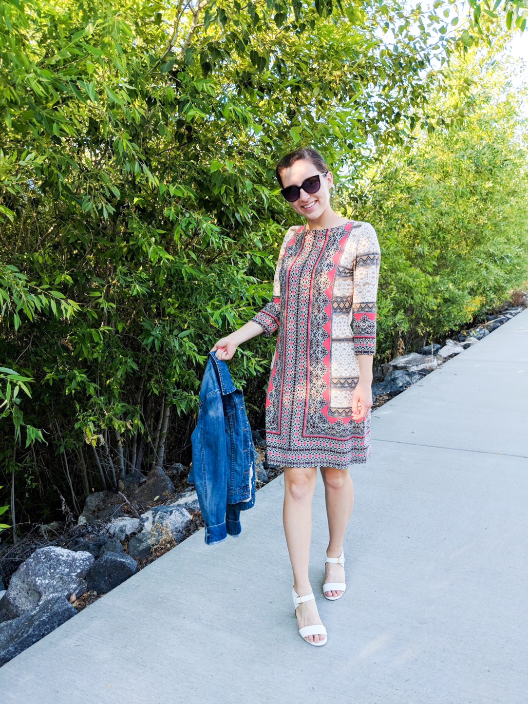 white heels, Easter dress, patterned dress, living coral