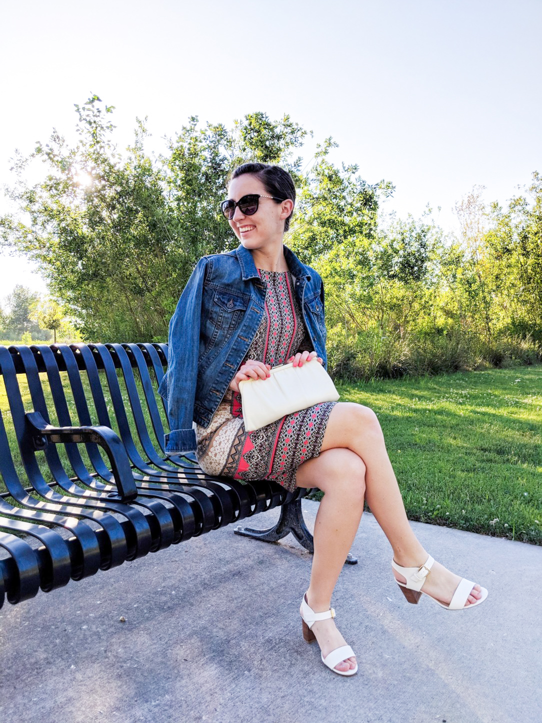 spring dress, denim jacket, white heels