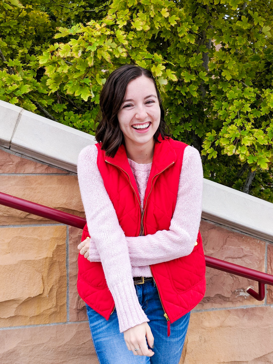 red quilted vest, pink sweater, fall outfit, spring layers