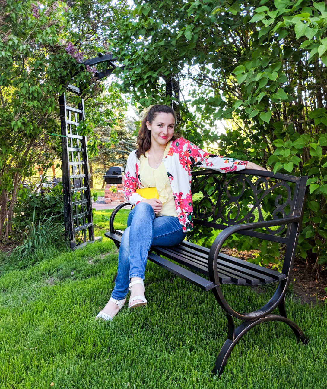 yellow ruffle blouse, floral cardigan, skinny jeans