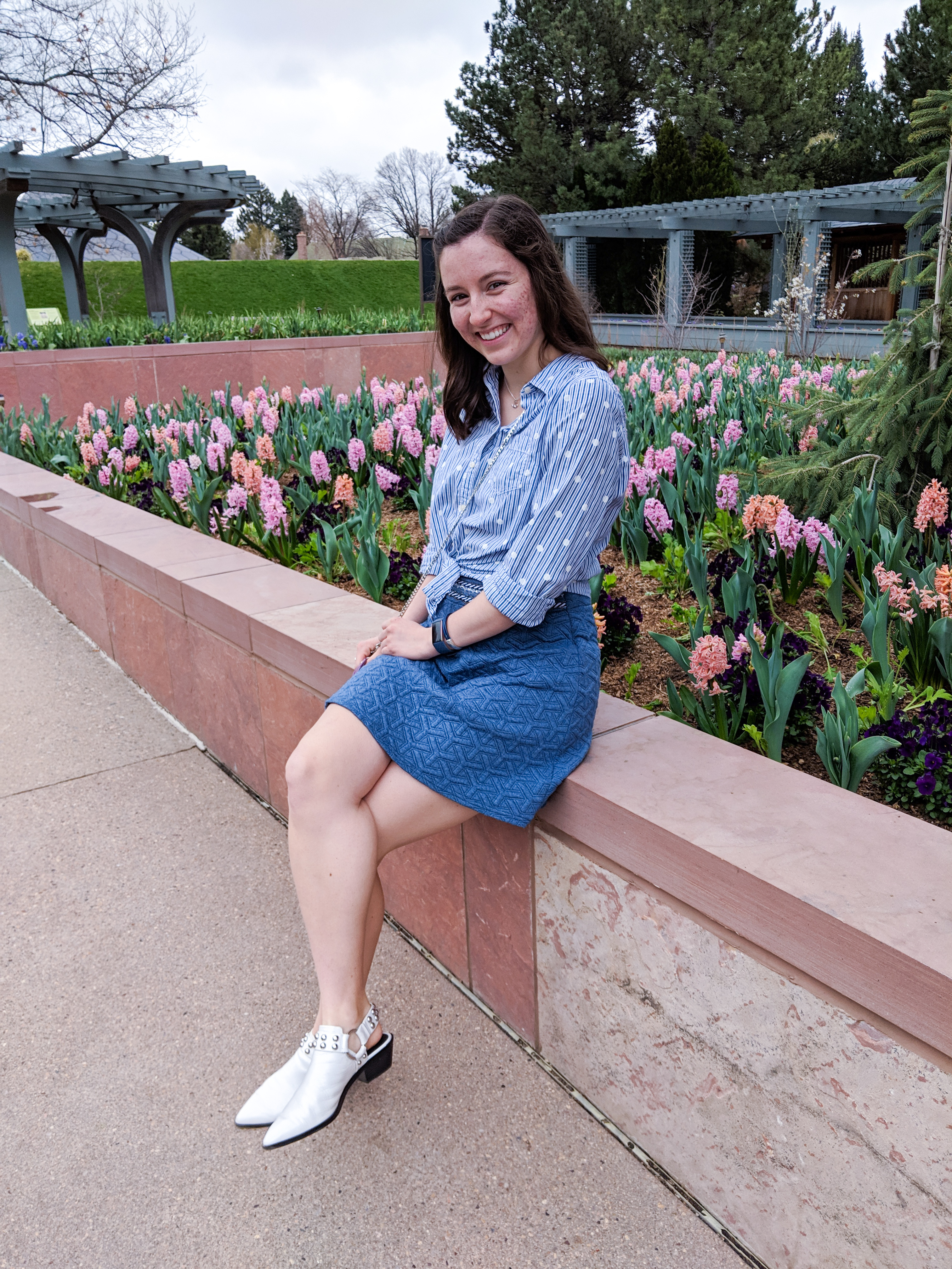pastel blue, Francesca's skirt, stripes and polka dots, white mules