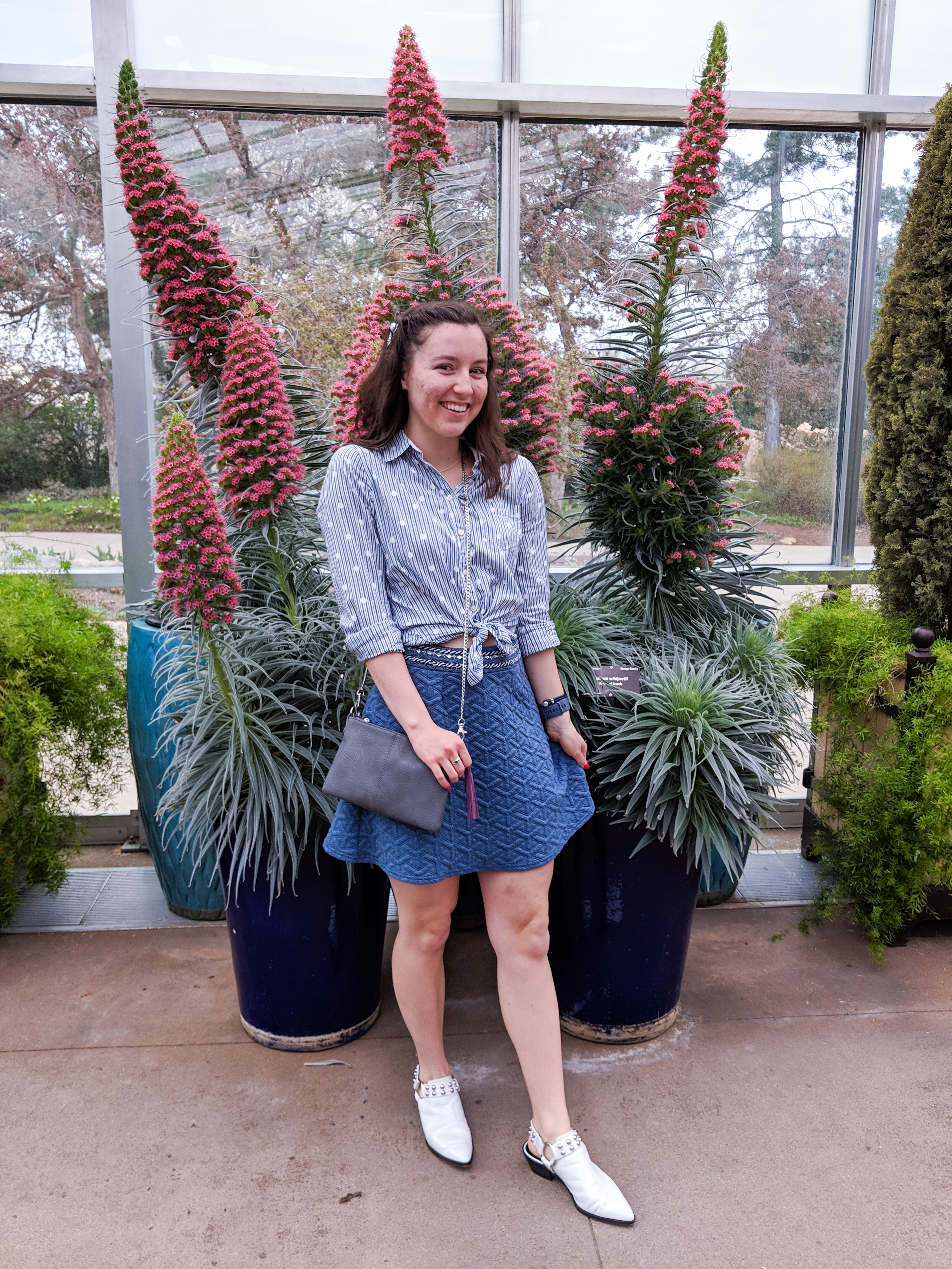 pastel pattern mixing, blue pattern mixing, white mules