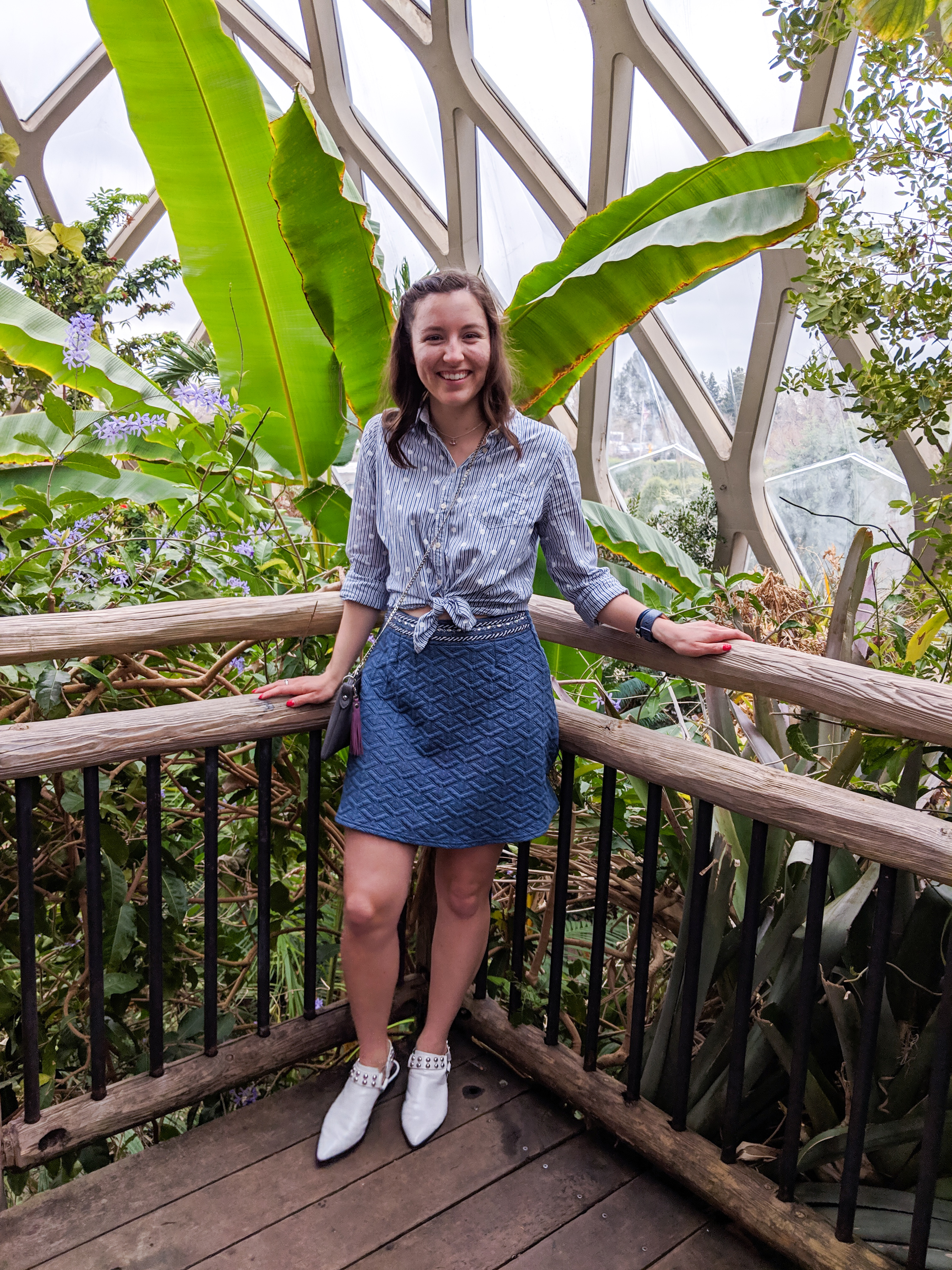 blue pattern mixing, collared shirt, bedazzled skirt, white studded mules