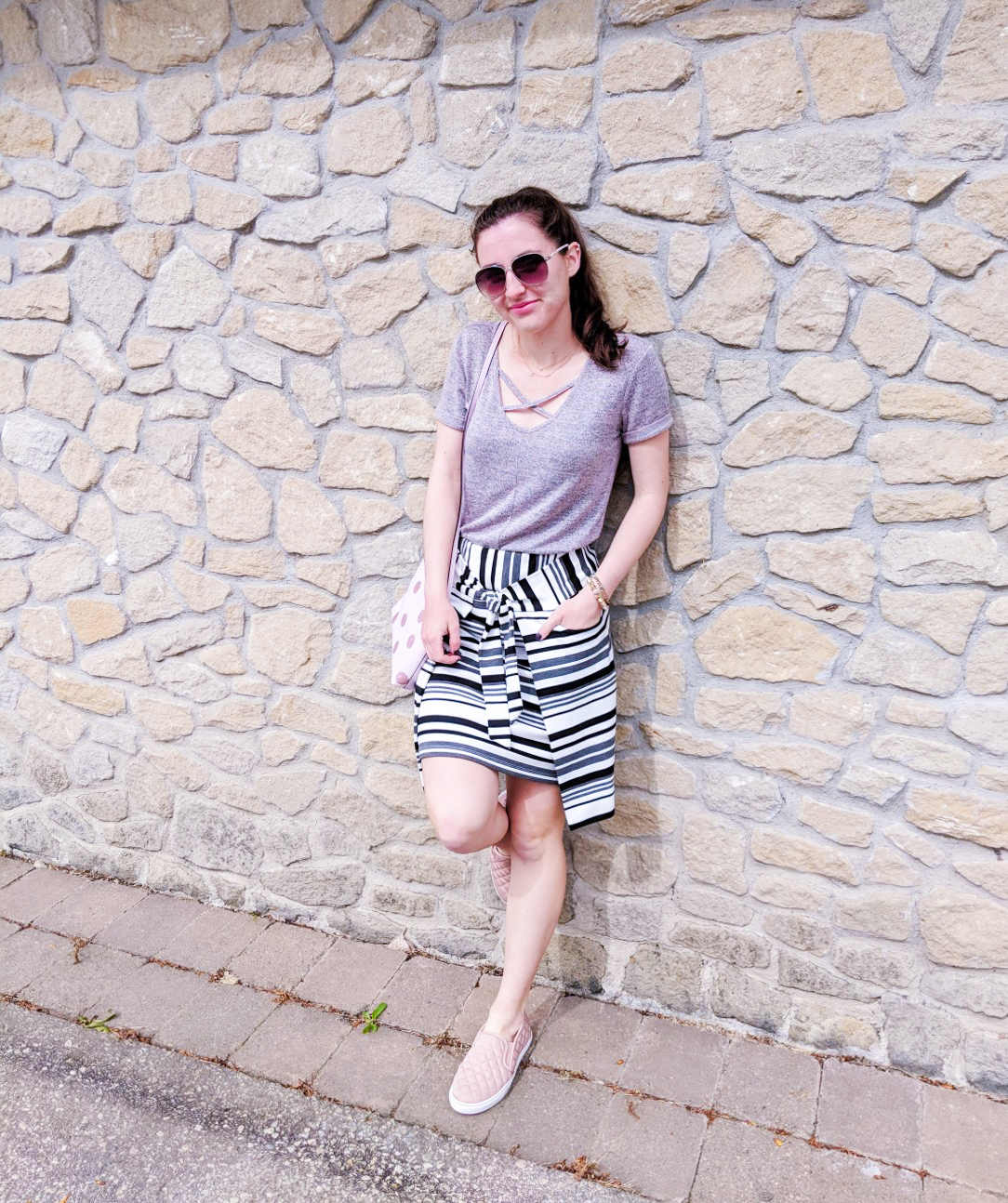 blush top, striped skirt, Cabi clothing, blush sneakers, pattern mixing