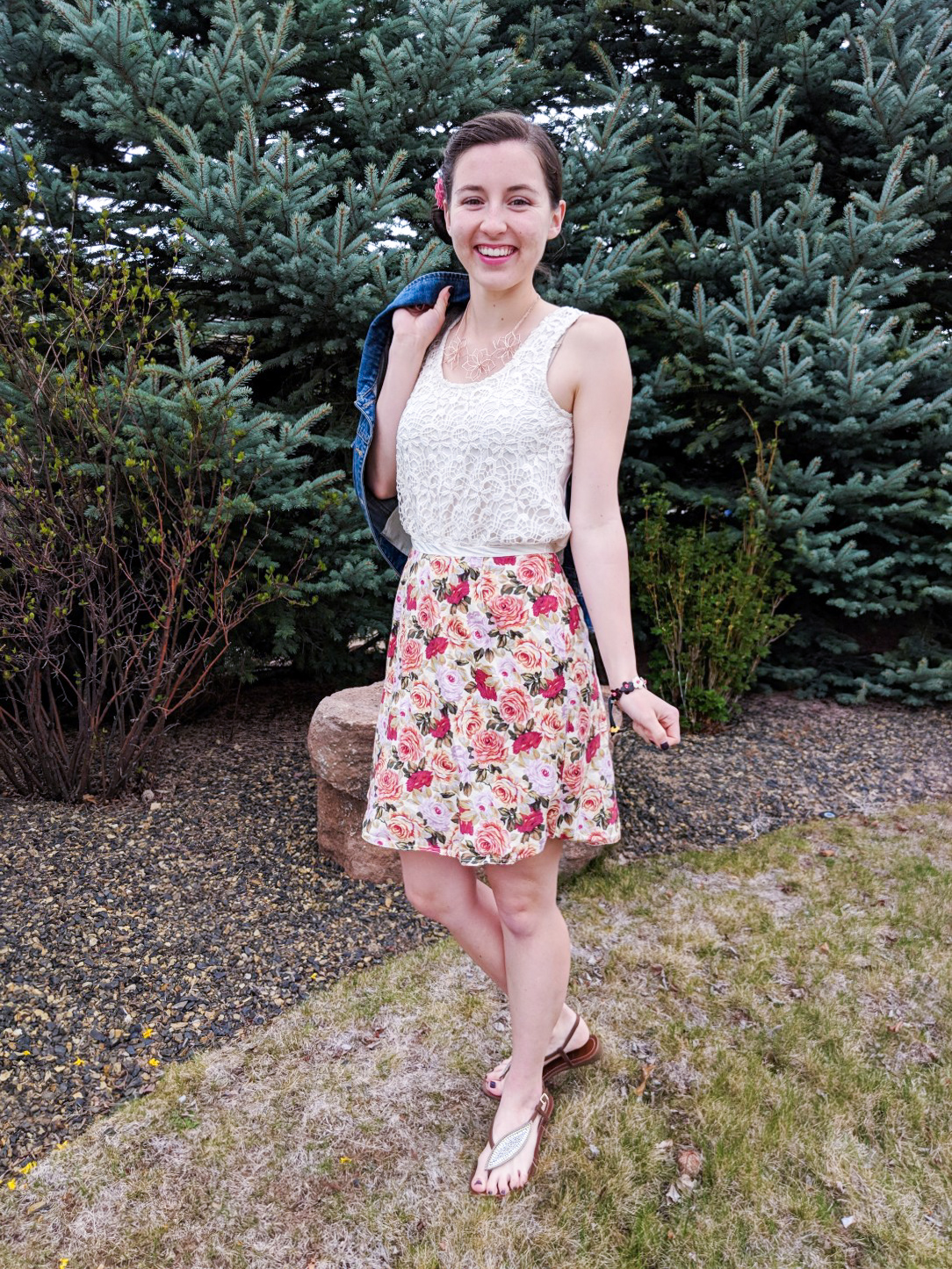 crochet top, spring outfit, JCPenney, rose floral skirt, how to wear pink