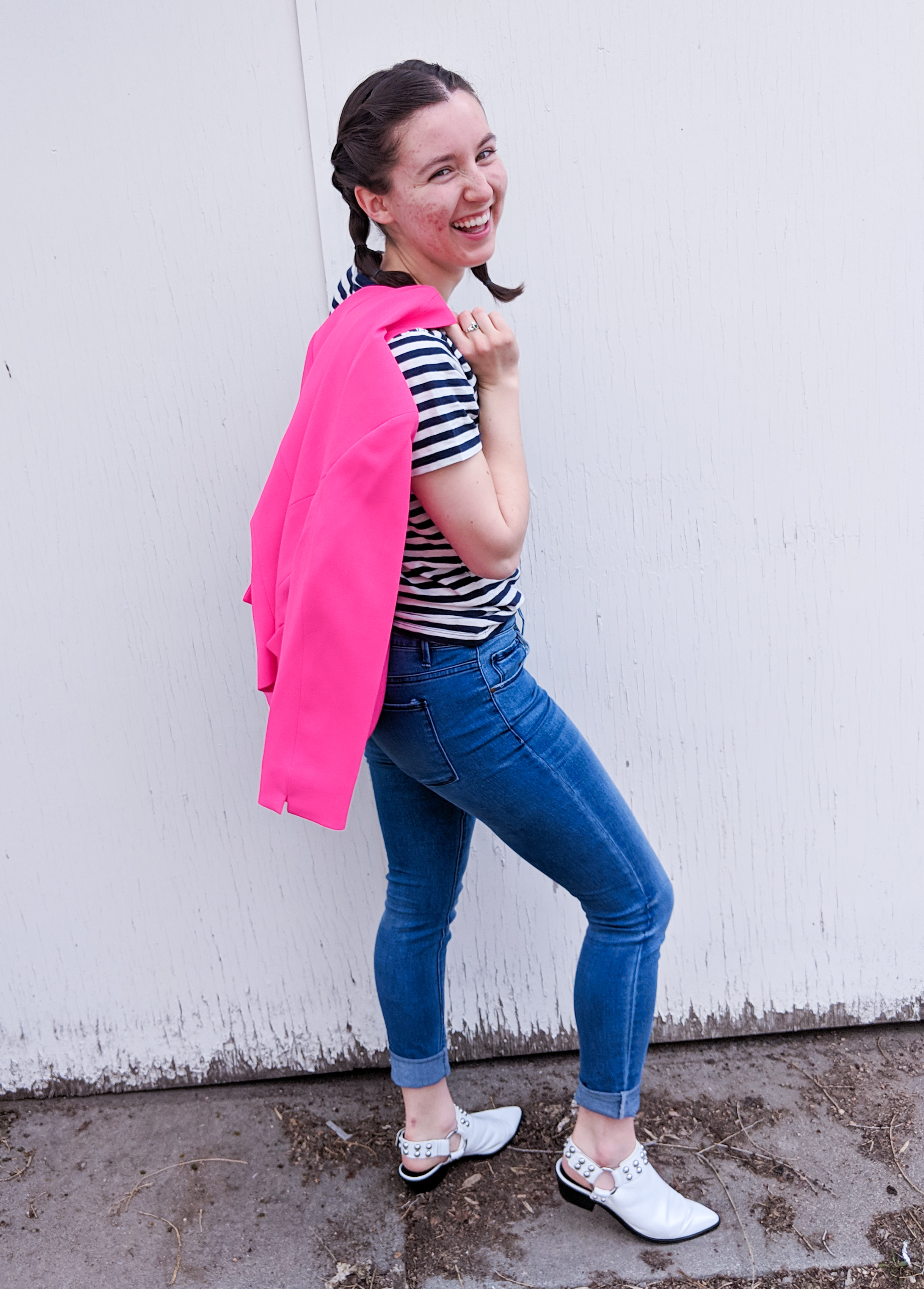 hot pink blazer, stripes tee, skinny jeans