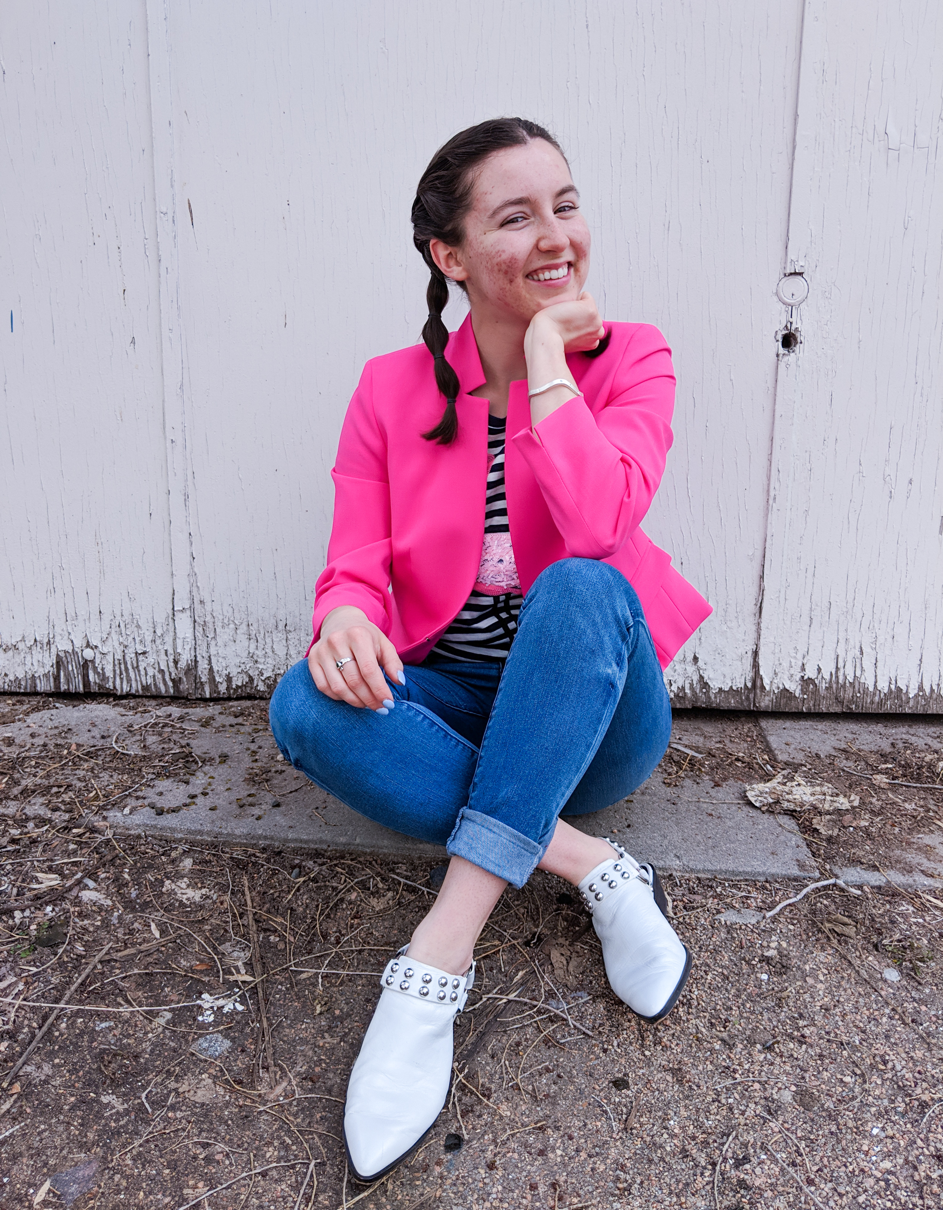 hot pink blazer, white studded Rebecca Minkoff mules