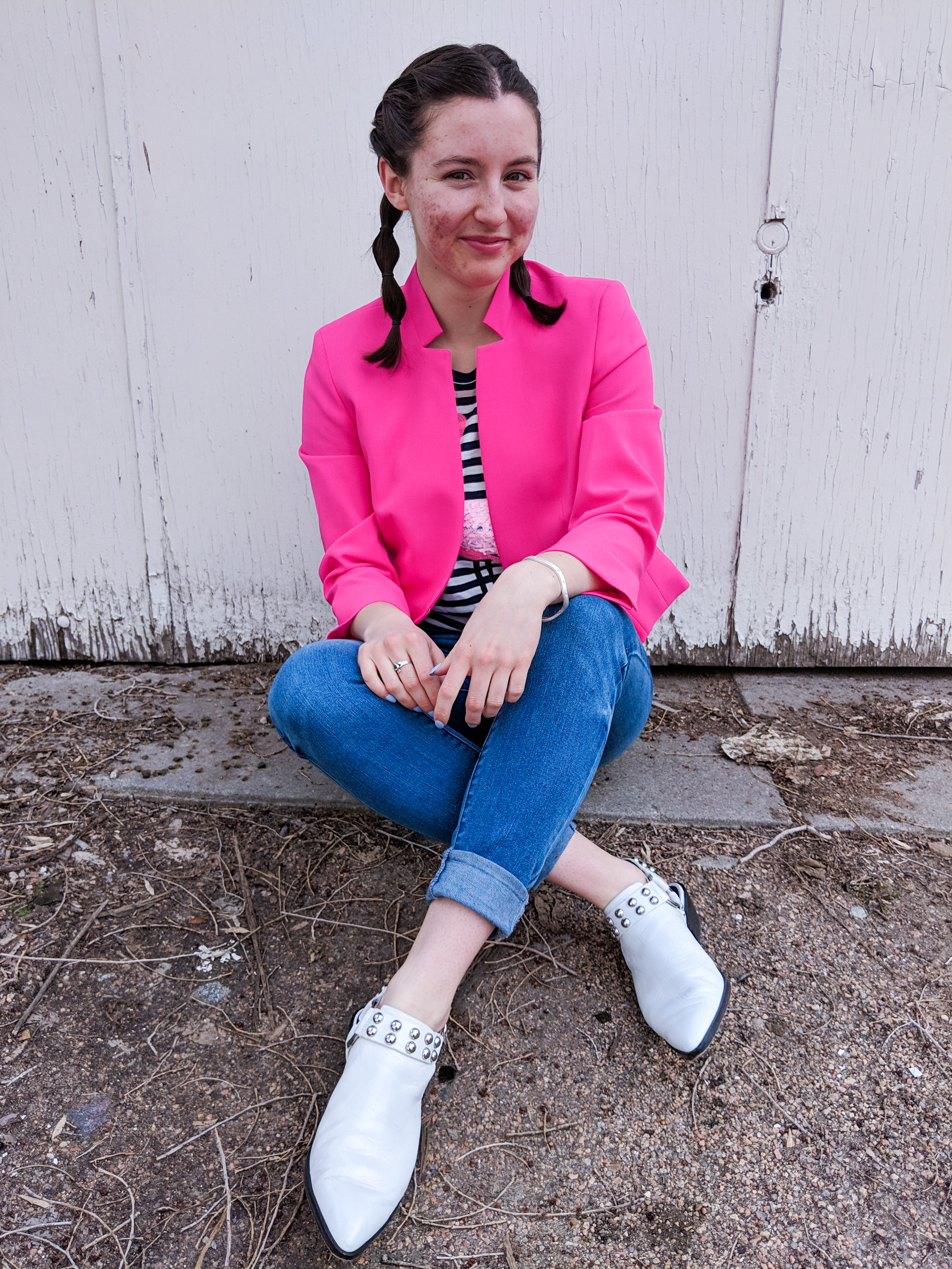 hot pink blazer, white studded mules, cuffed jeans