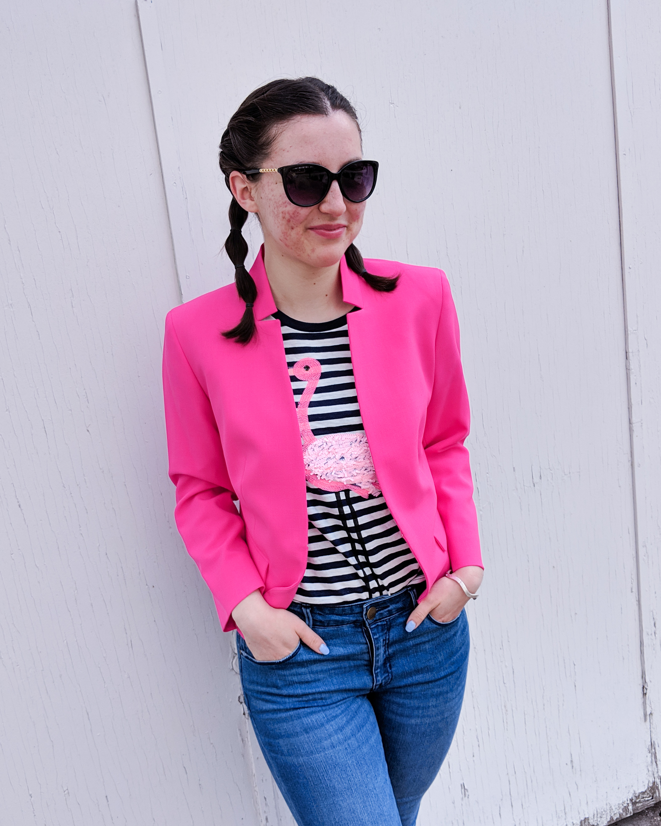 pink blazer, striped flamingo tee, jeans
