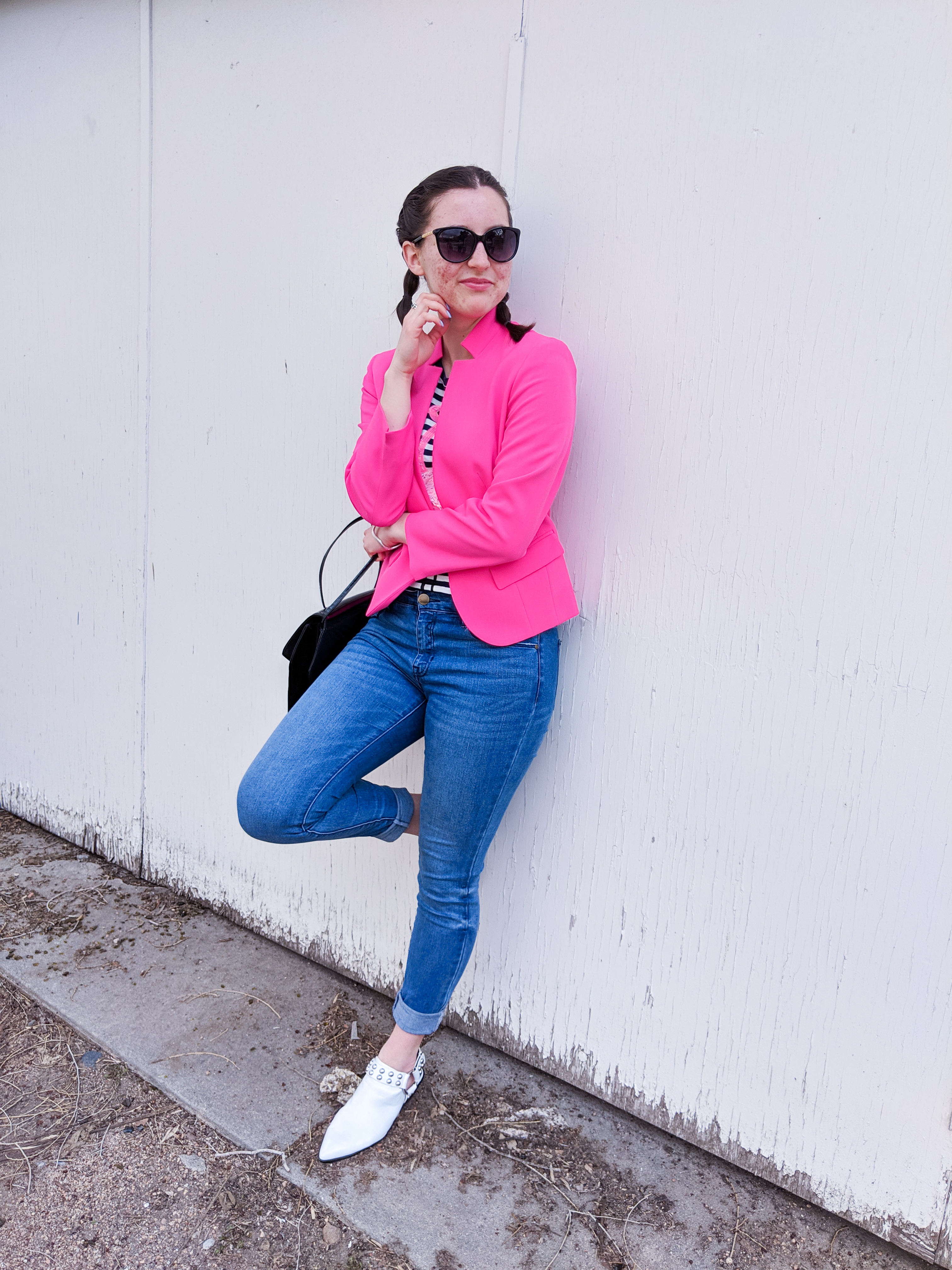 hot pink blazer, skinny jeans, white mules