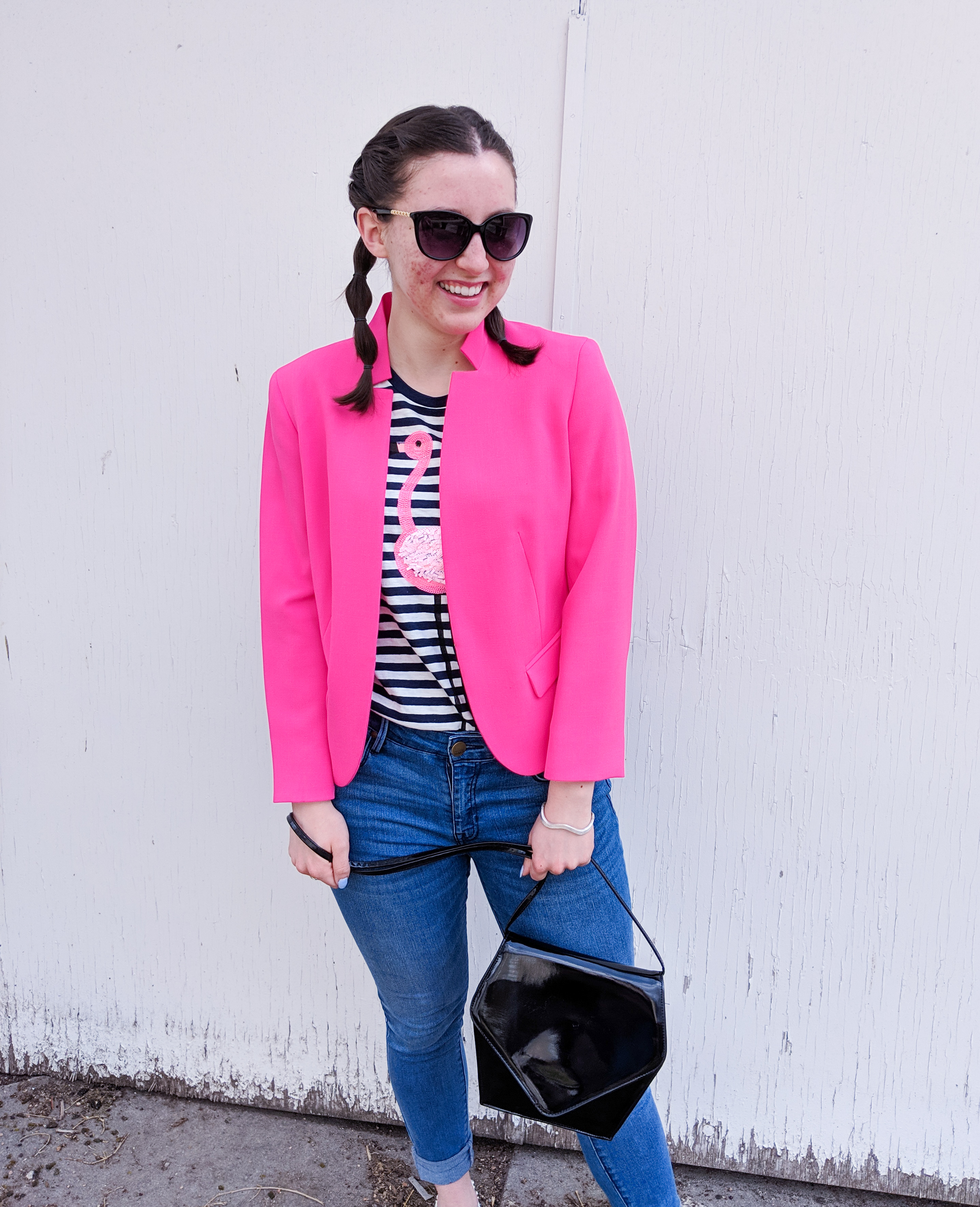 black patent purse, pink blazer, spring outfit, pop of pink